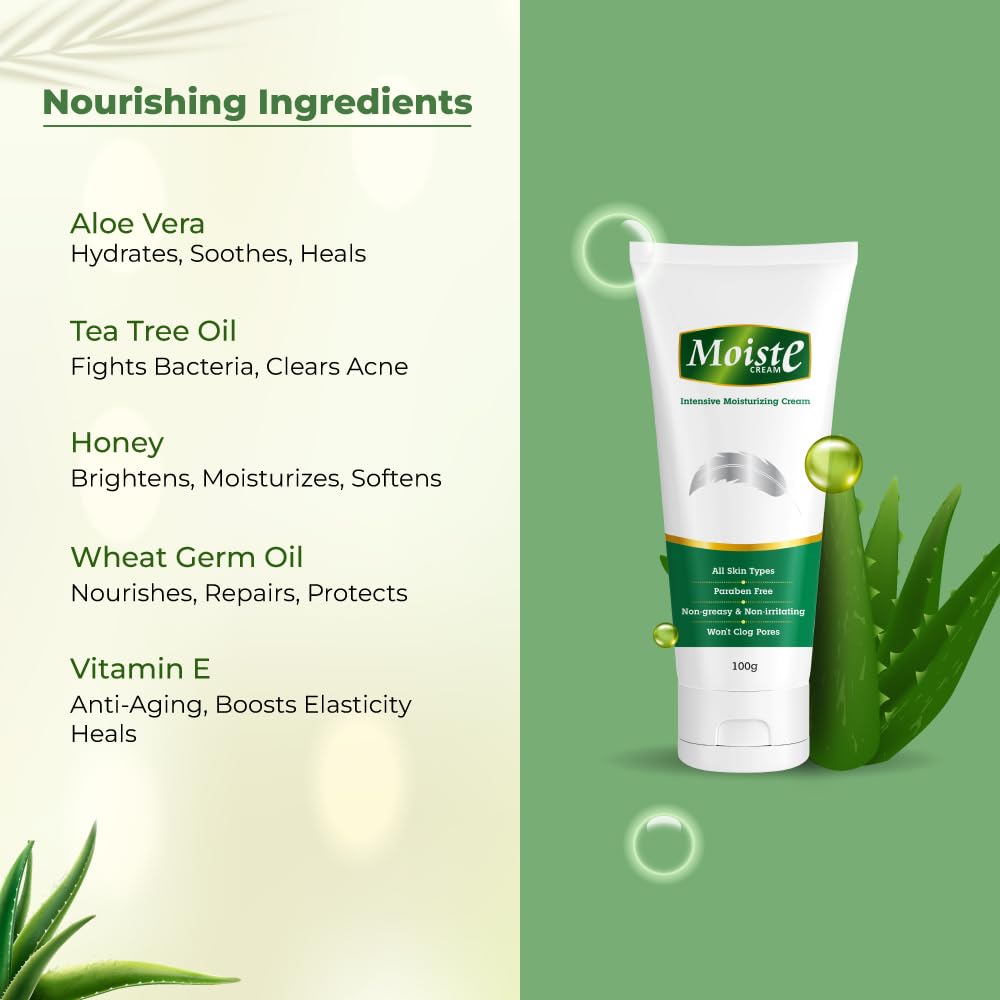 AZISTA Aloe Vera Moisturizing Cream with Tea Tree Oil & Vitamin E - Hydrating & Soothing Face Cream for Dry, Sensitive Skin - Unisex Skincare for Men & Women - Perfect for Daily Use & Night Routine - 100g Tube (Pack of 1)