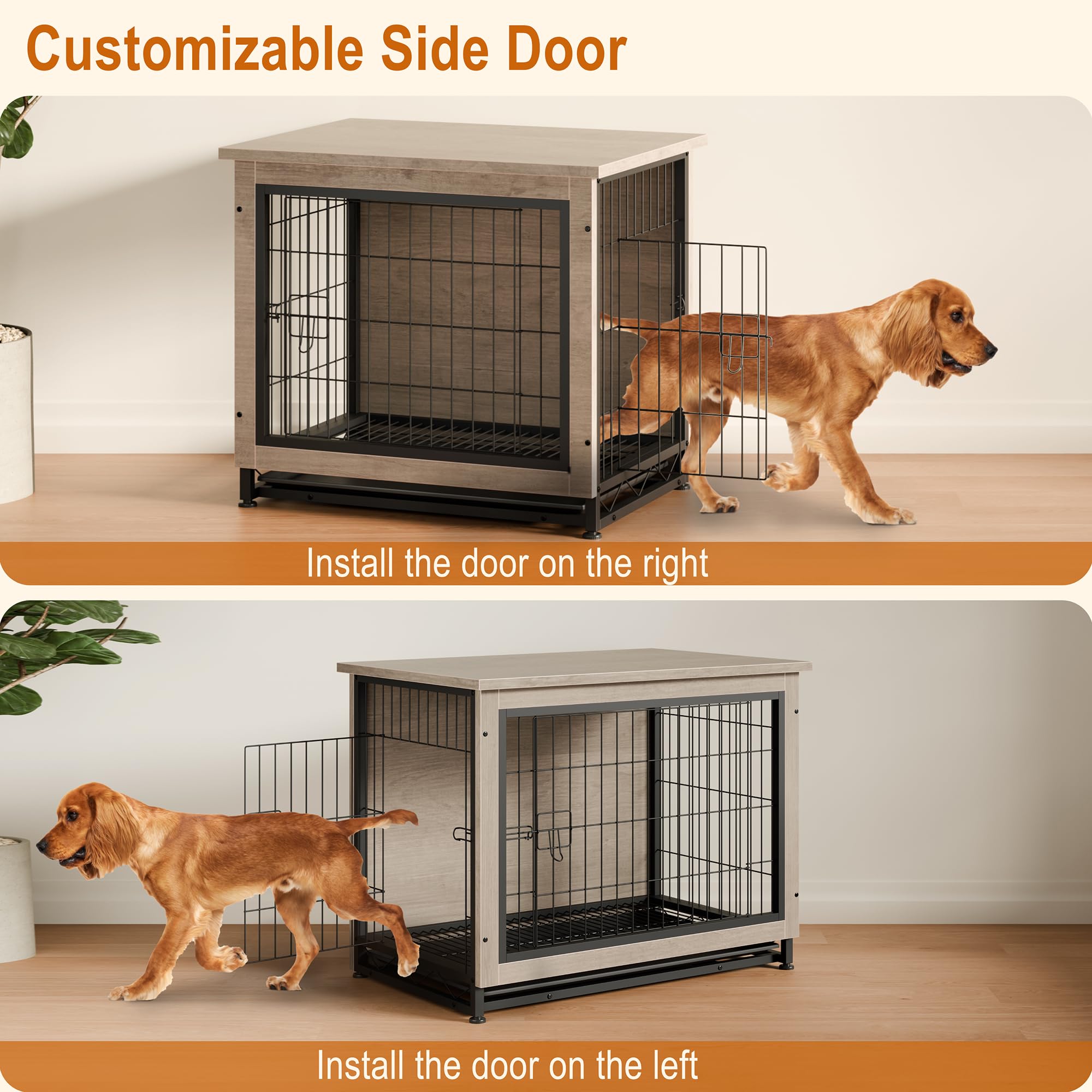 Modern Wooden Dog Crate Furniture - Heavy Duty Indoor Kennel with Removable Tray & Double Doors | Side End Table for Living Room, Bedroom | Grey Pet Cage for Small to Medium Dogs | Perfect for Home Decor & Pet Safety