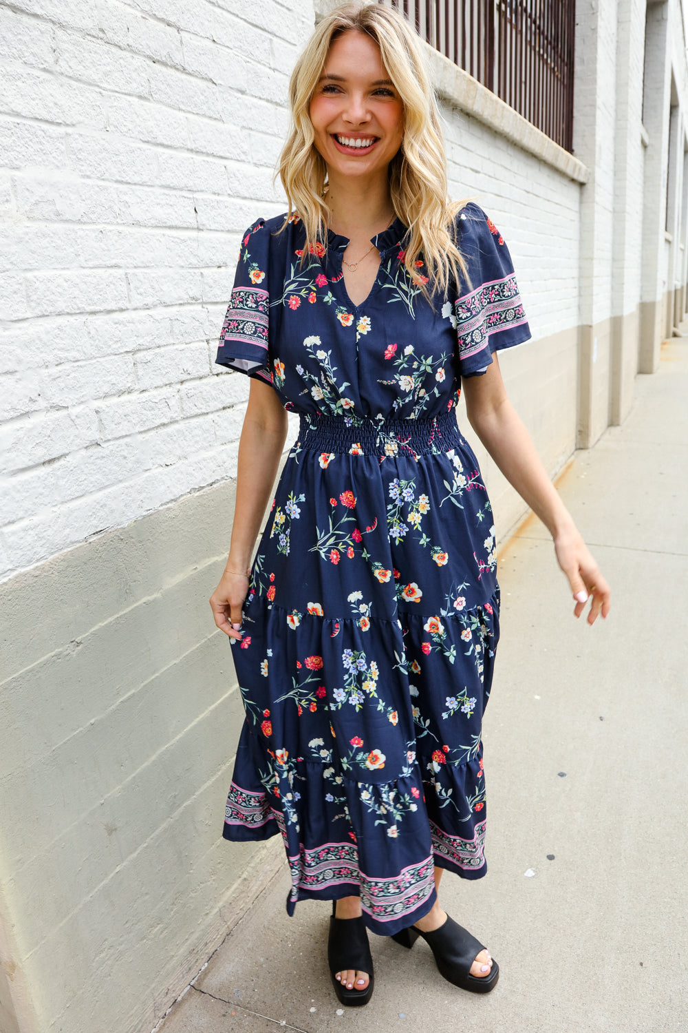 Boho Navy & Floral Print Tiered Maxi Dress - Notch Neckline, Flowy Beach Cover Up for Summer Vacations, Music Festivals and Casual Outings
