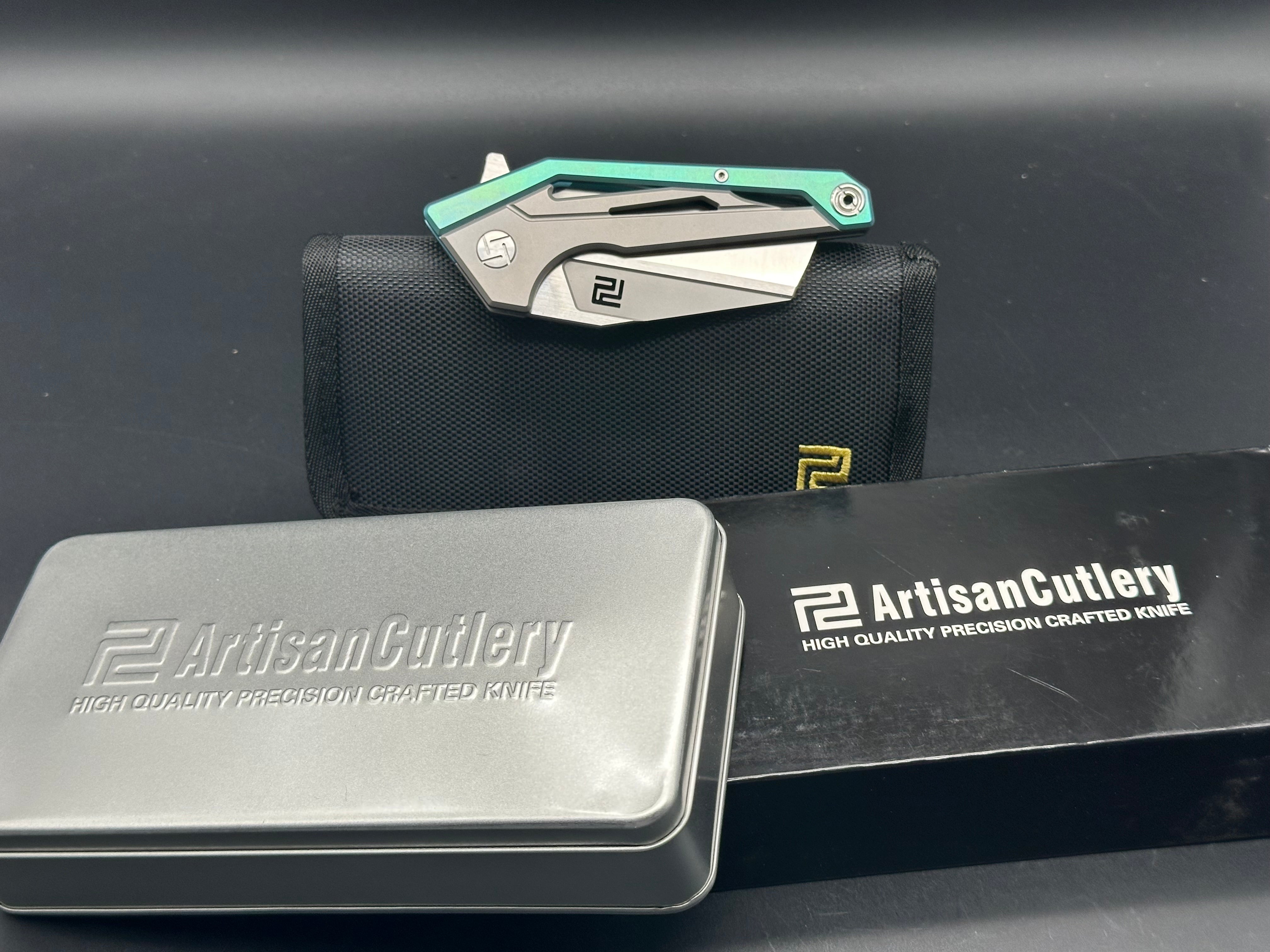 Artisan Cutlery Ravine S35VN Folding Knife - Wharncliffe Blade, Green/Gray Titanium Handles - EDC Pocket Knife for Camping, Hiking & Outdoor Adventures