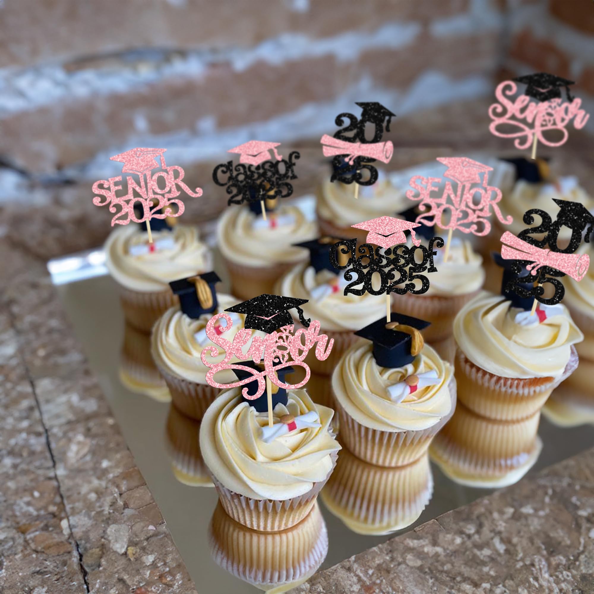 24Pcs 2025 Senior Graduation Cupcake Toppers with Glitter - Class of 2025 Cupcake Picks & Decorations for Graduation Party Supplies (Pink) - Perfect for High School Graduation Cakes, Dessert Tables & Celebration Decor