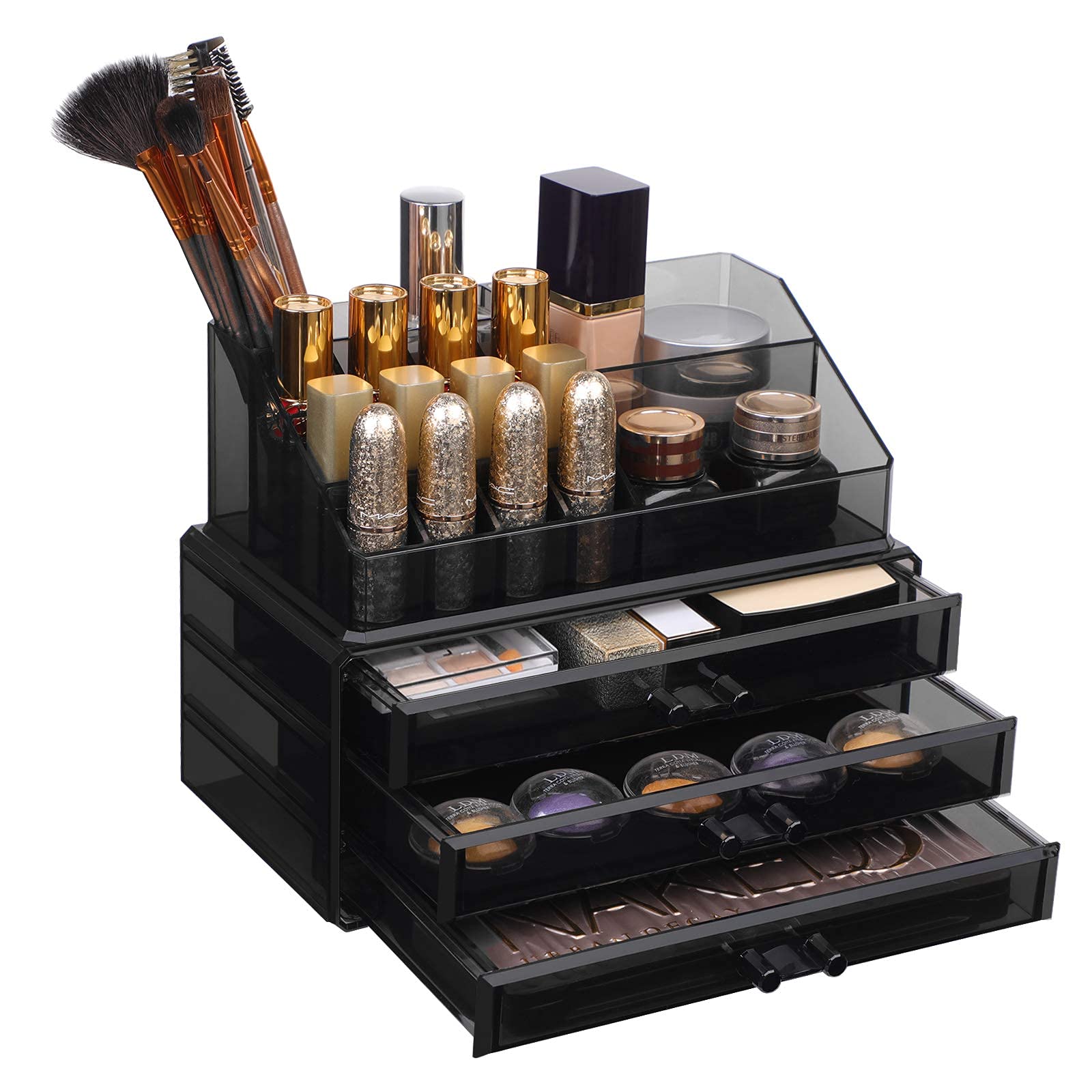 SONGMICS Large Acrylic Makeup Organizer with 6 Stackable Drawers - Cosmetic Storage Box for Eyeshadow Palette, Brushes, Foundation, Lipstick, Nail Polish - Perfect for Vanity, Bathroom & Travel (Black, JKA009BK)