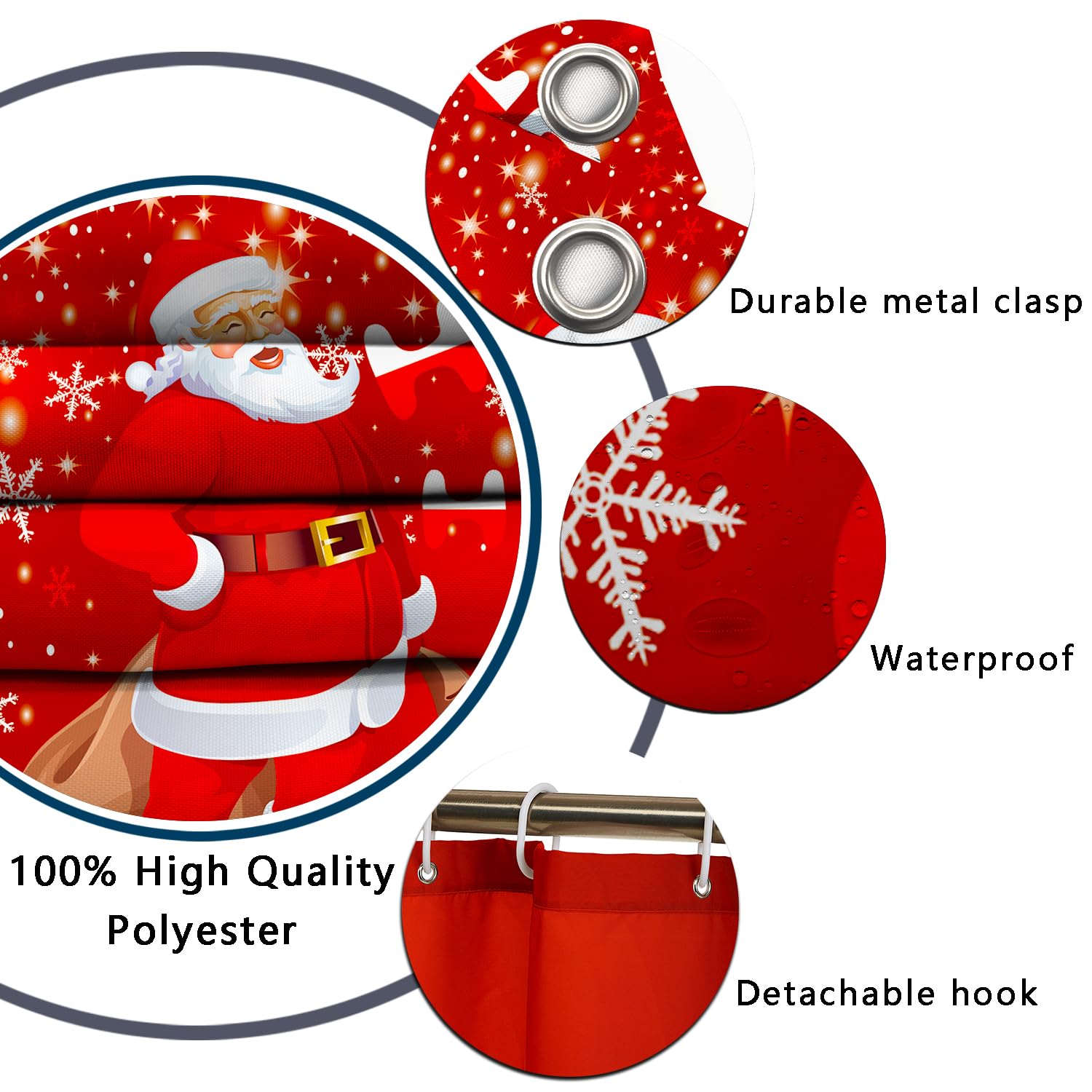 Christmas Bathroom Decor Set - Santa Claus Shower Curtain with Non-Slip Bath Mat, Toilet Cover & 12 Hooks | Holiday Bathroom Accessories for Festive Home Decor (Red & White) - Perfect for Christmas Gifts, Guest Bathrooms & Seasonal Home Styling