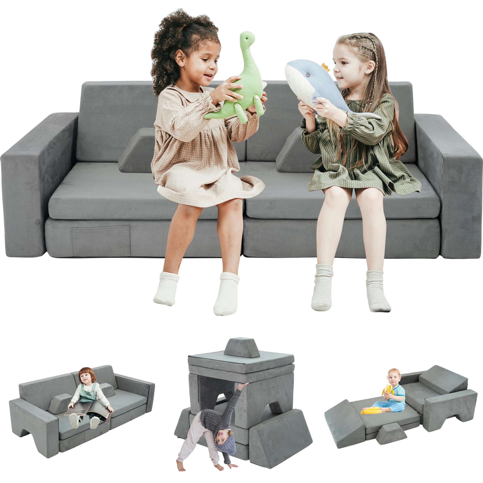 10-Piece Modular Kids Play Couch - Soft Foam Toddler Sofa for Building Forts & Playroom Fun | Durable, Washable & Safe for Babies & Children | Perfect for Indoor Play, Learning & Creative Activities