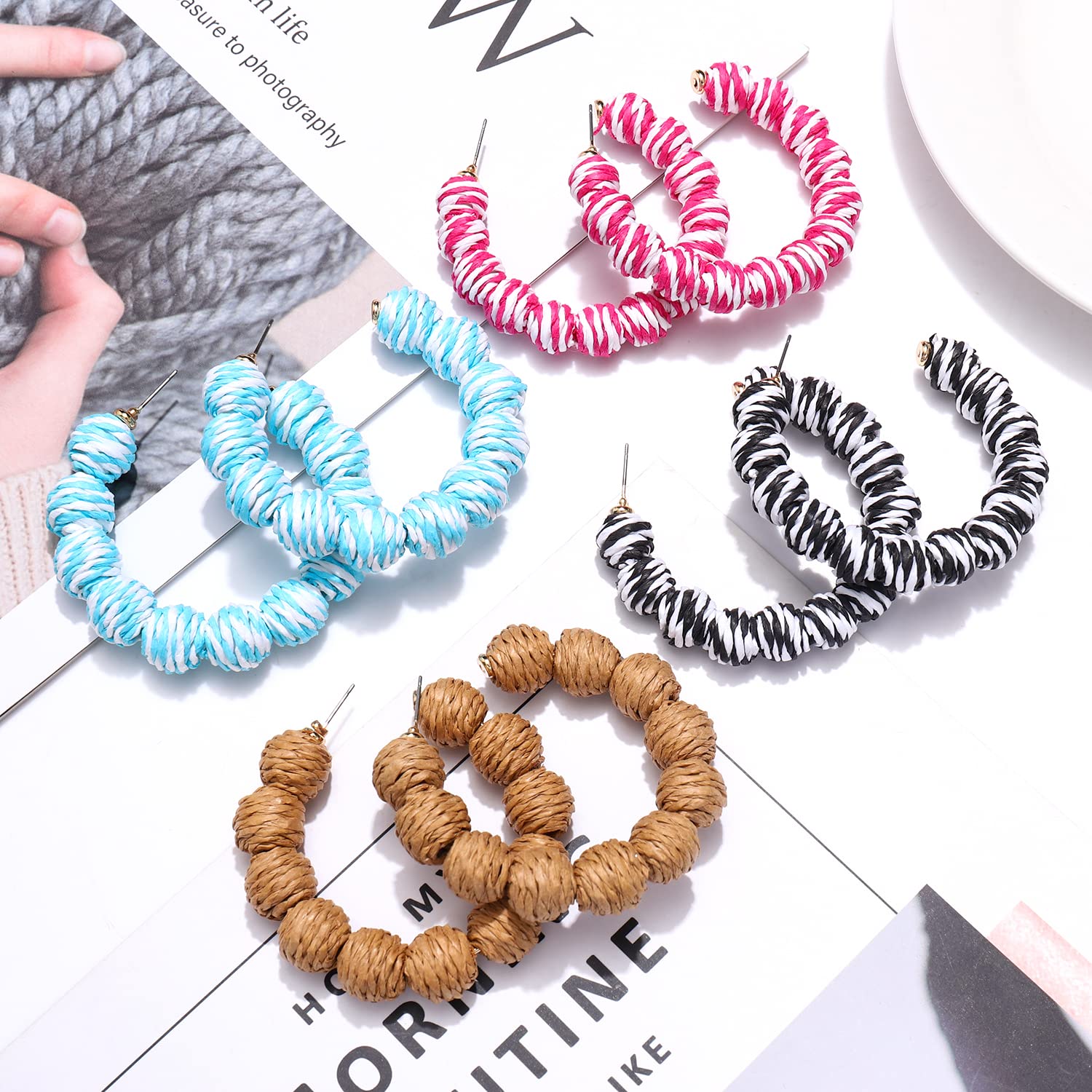 4 Pairs Handwoven Rattan Earrings – Bohemian Geometric Statement Hoop, Straw Wicker Braid Drop Dangle Earrings for Women | Perfect for Summer, Beach, Festival & Boho Chic Outfits