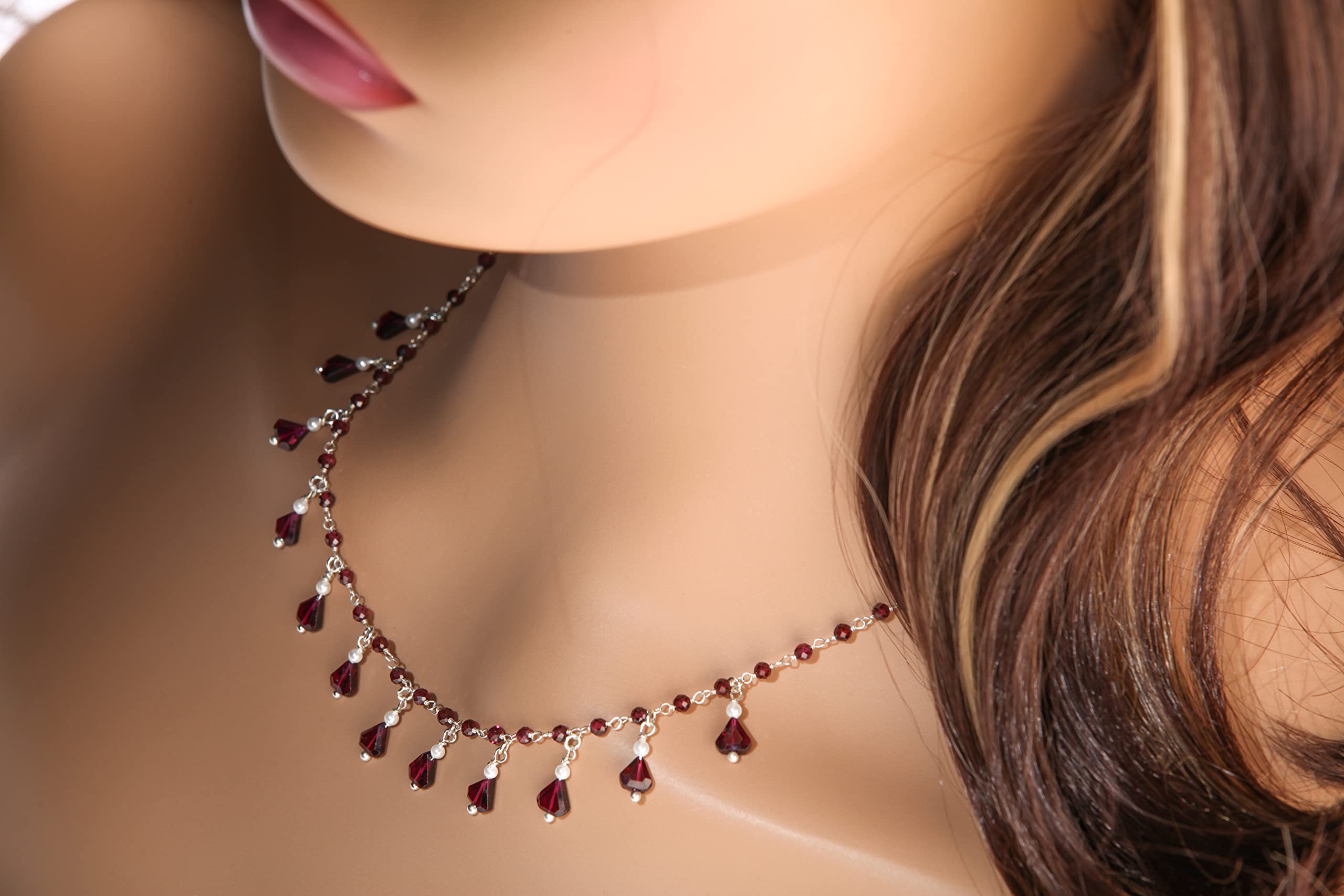 Genuine Merlot Red Faceted Garnet & Freshwater Pearl Necklace - 925 Sterling Silver with Lobster Clasp (16