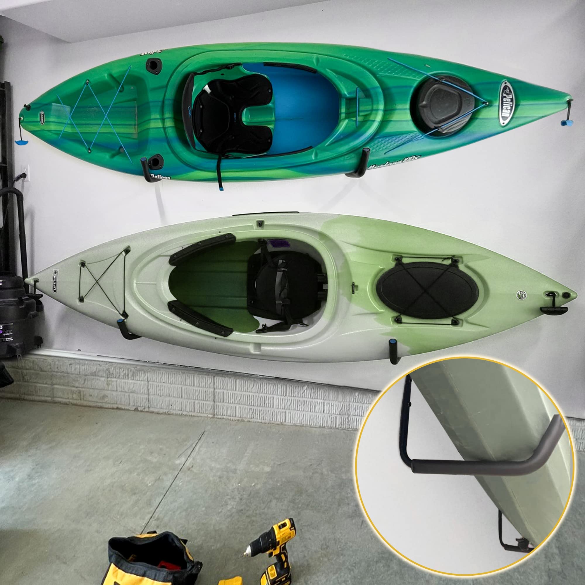 WMK Kayak Storage Racks - 4 Pack Wall Mounted Canoe & Kayak Hooks for Garage, Shed or Outdoor Organization - Heavy Duty Hangers for Surfboards, Paddle Boards, Snowboards, Ladders & Bikes - Perfect for Water Sports Equipment Storage & Garage Organization