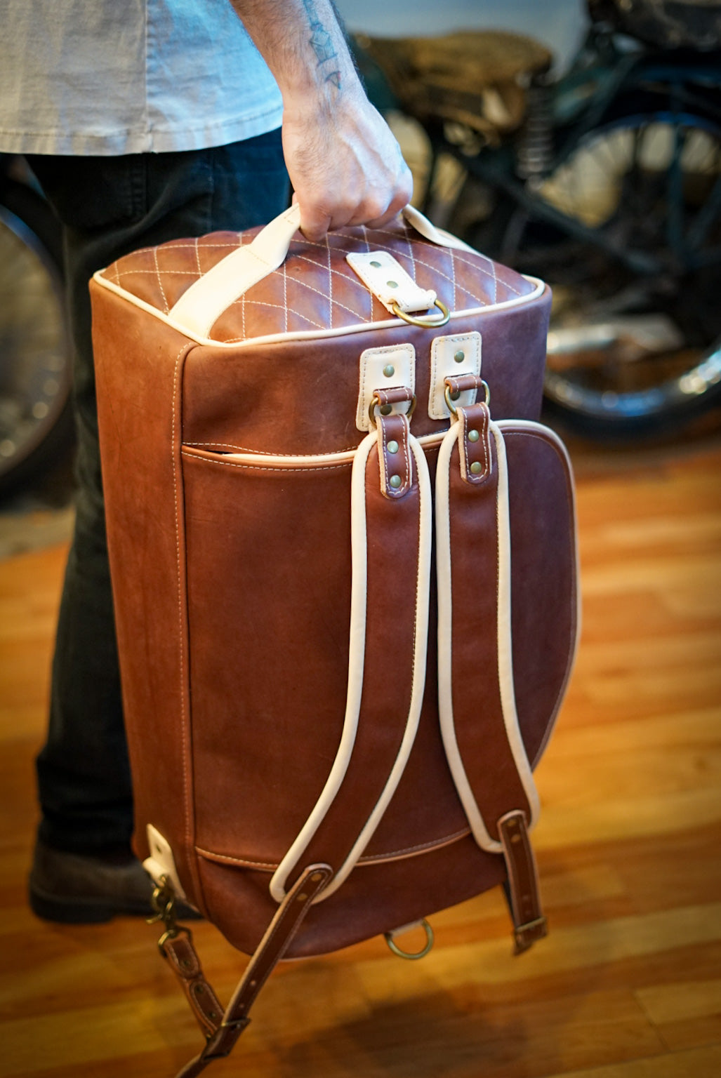 Duffleback Warrior Backpack - Two Tone Leather (Oro Logger Brown & Natural Veg Tan) for Outdoor Adventures, Travel & Hiking Gear