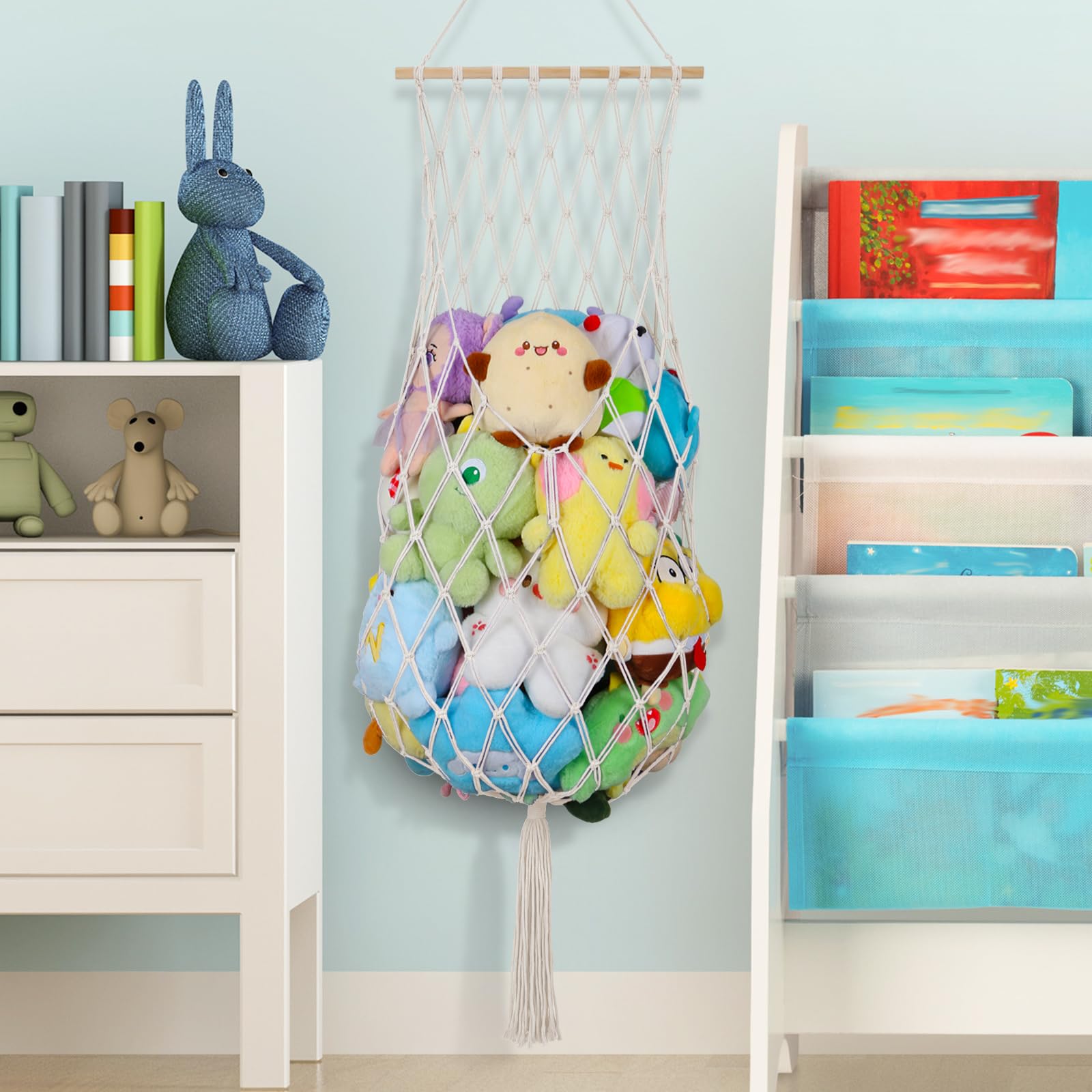 **68 Inch Jumbo Macrame Stuffed Animal Storage Net - Vertical Hanging Plushie Holder for Kids, Boys & Girls - Boho Nursery Decor (Cream) - Perfect for Bedroom, Playroom & Gift Giving**