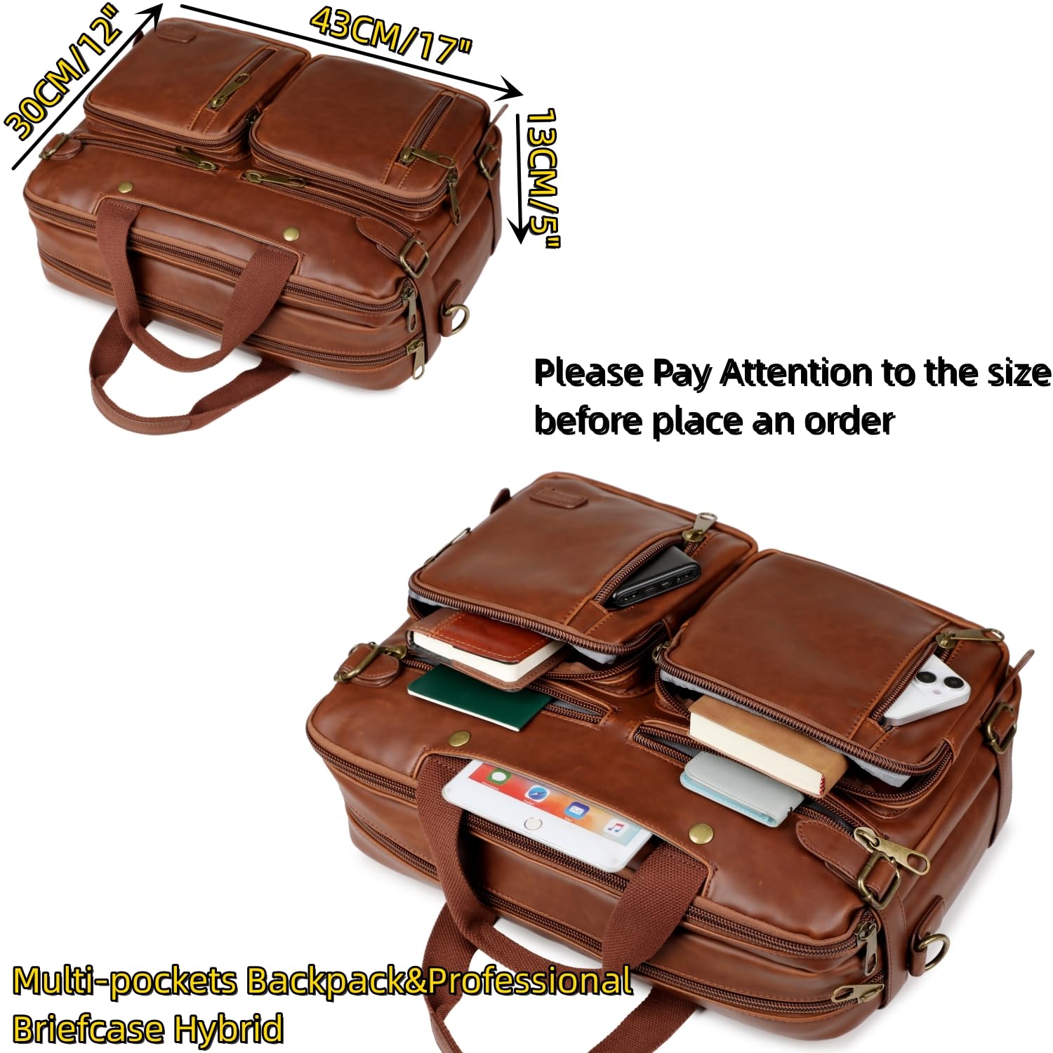 Premium Leather Laptop Briefcase & Backpack Hybrid - 17 Inch Vintage Business Bag for Men, Large Travel Carry On Backpack (Brown) HB-22 | Perfect for Office Commute, Business Trips & College Use