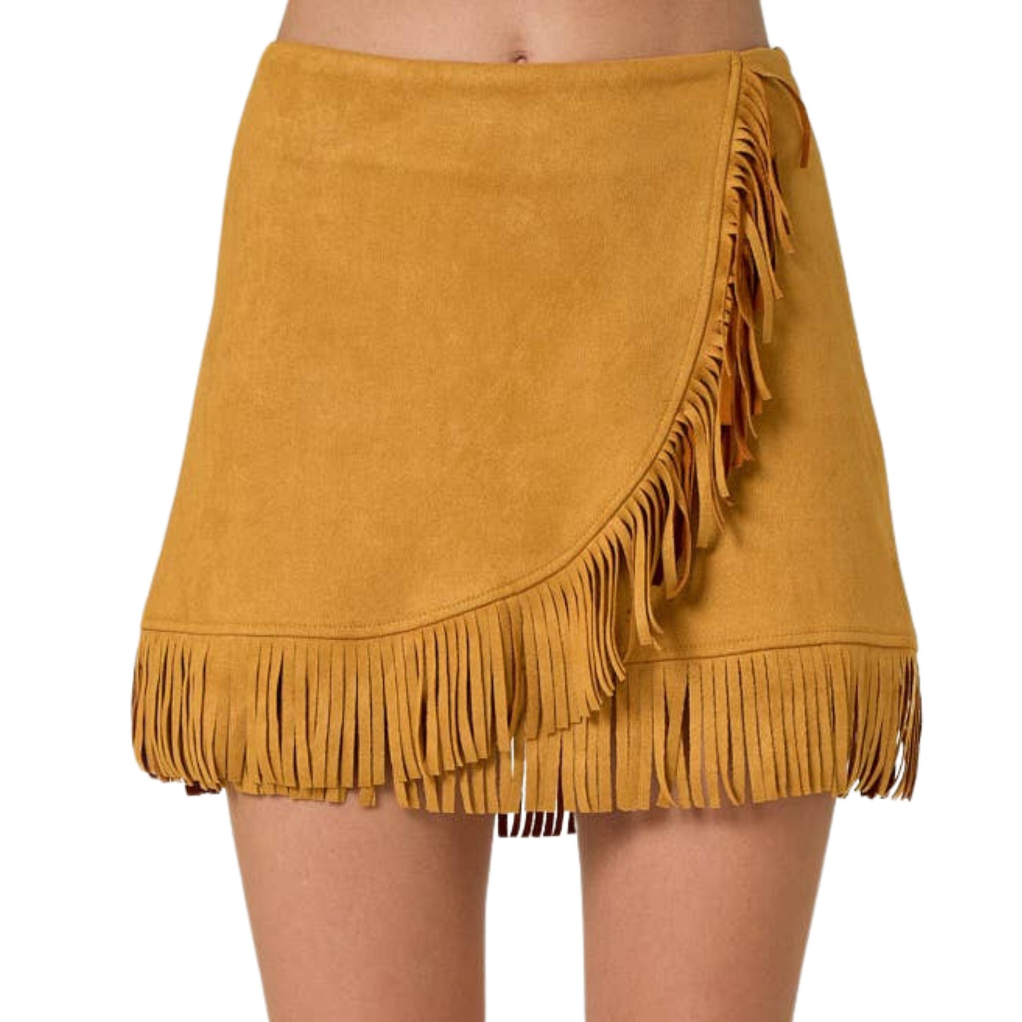 Mustard Yellow Suede Fringe Wrap Skirt for Women - Boho Chic Vintage Style Skirt for Music Festivals, Parties & Casual Outfits