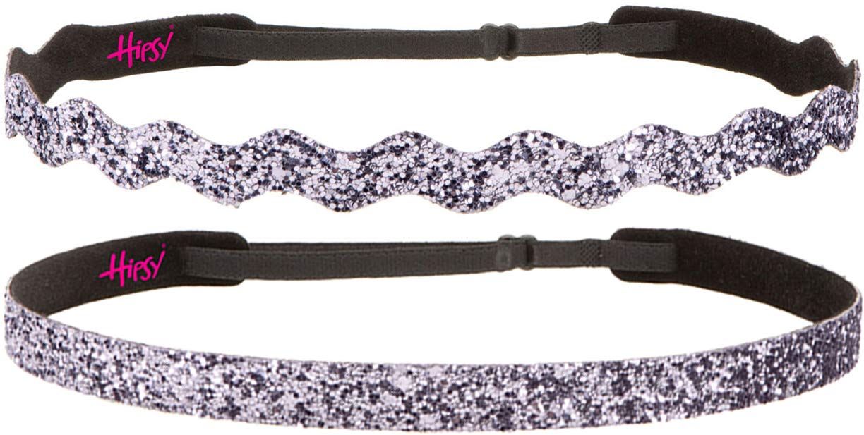 Sparkly Bling Adjustable No-Slip Headbands for Women, Girls & Teens - PETITE Size, Mixed 2pk (Gunmetal Glitter) - Perfect for School, Sports, Work & Everyday Fashion Accessories