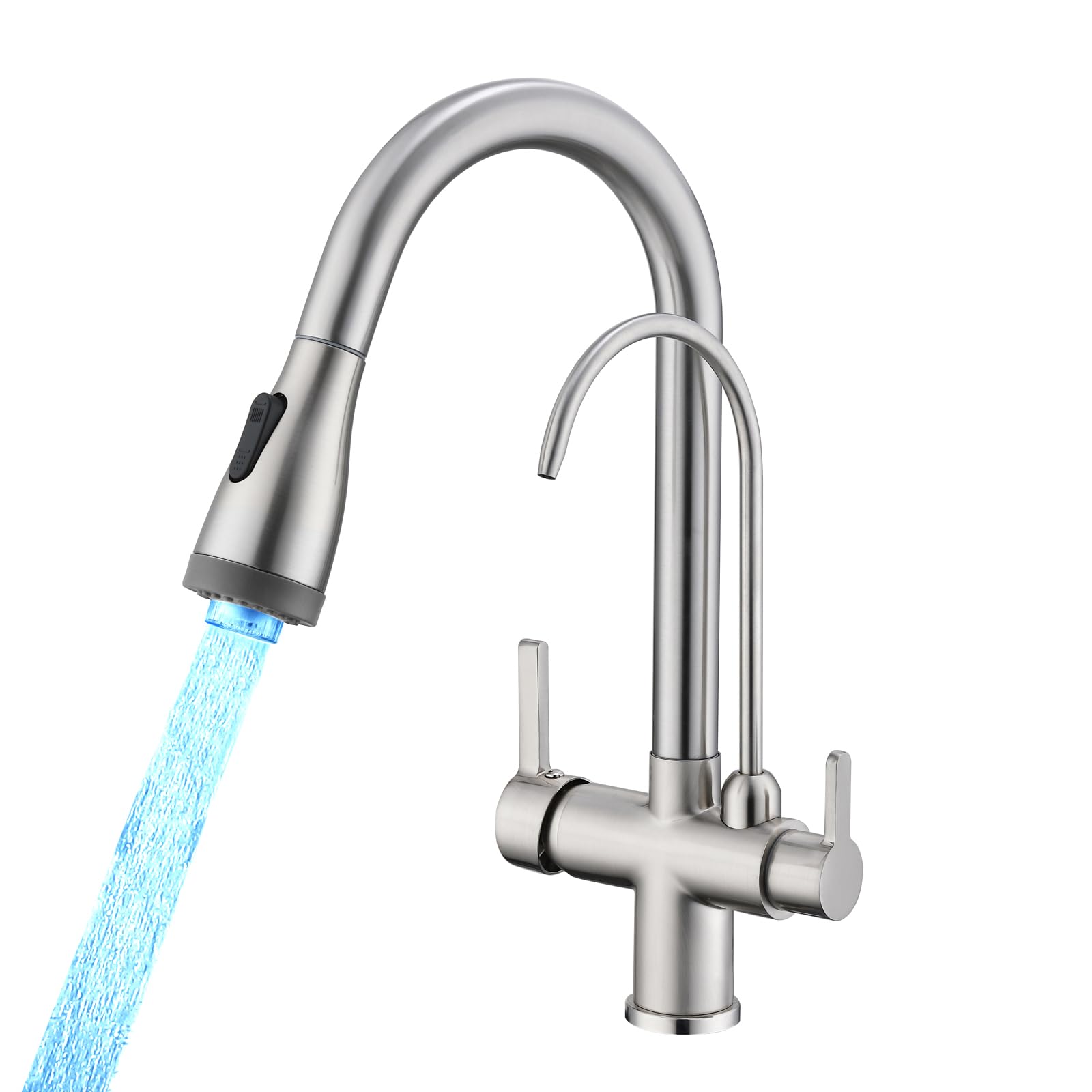 Brushed Nickel 3-in-1 Kitchen Sink Faucet with Pull Down LED Light Sprayer & Water Filter Purifier - Dual Handle Design for Farmhouse, Laundry, Camper, RV & Bar Use