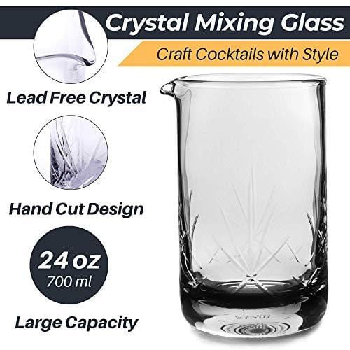 Premium 24 oz (700 ml) Crystal Cocktail Mixing Glass Set - 9-Piece Old Fashioned Bar Kit with Strainer, Spoon, Jigger & Picks (Silver) - Perfect for Home Bartending, Professional Mixology & Entertaining Guests