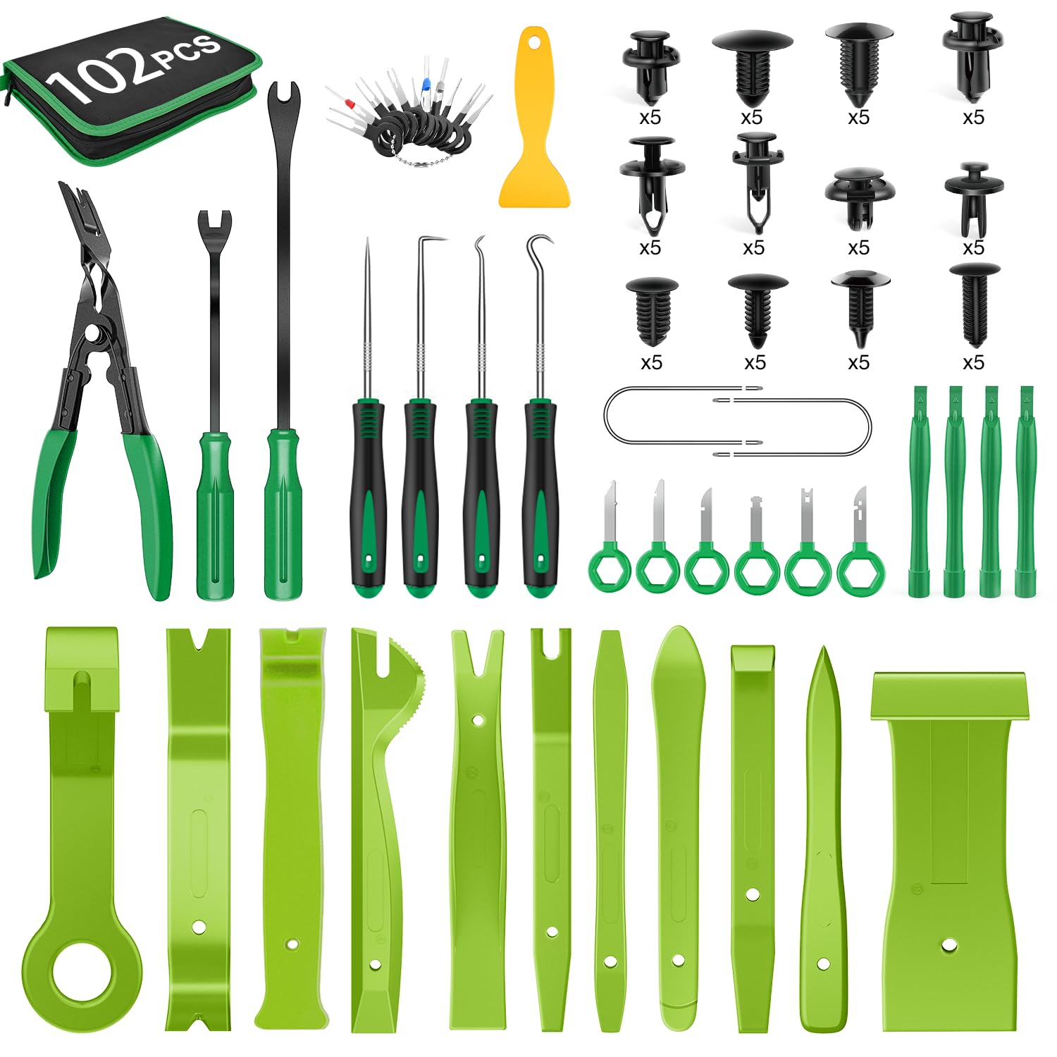 GOOACC 102Pcs Car Trim Removal Tool Kit - Auto Push Pin Nylon Bumper Retainer Clips Fastener Terminal Remover with Round Handle Crowbar for Radio/Dashboard Panel (Green) - Perfect for DIY Auto Repair & Interior Detailing
