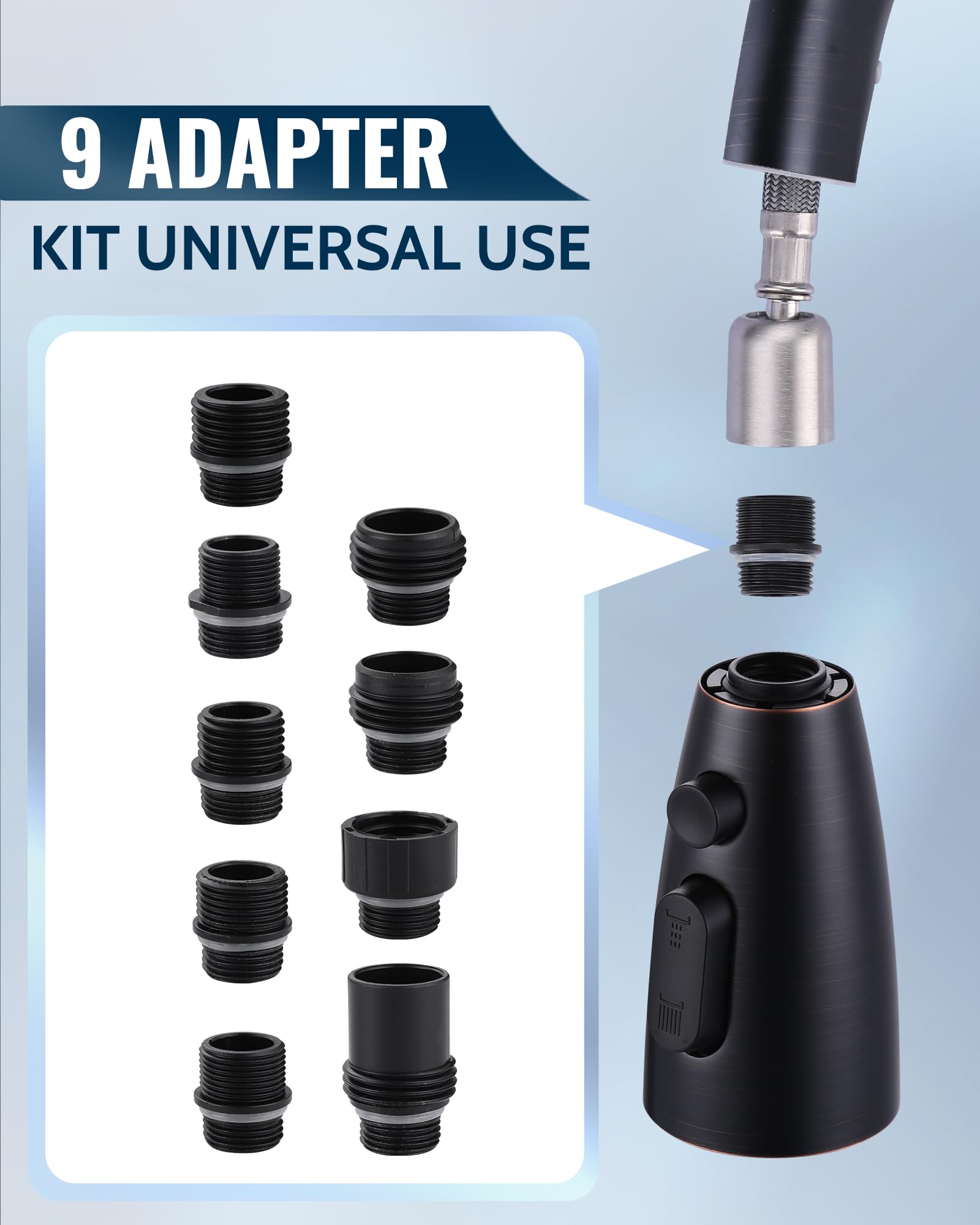 Stainless Steel Kitchen Faucet Spray Head Replacement - 3 Mode Pull Out Spray Nozzle with 9 Adapters, Compatible with Moen Kohler G1/2 Sink Faucets (Oiled Rubbed Bronze) - Perfect for Dishwashing, Vegetable Cleaning & Sink Maintenance