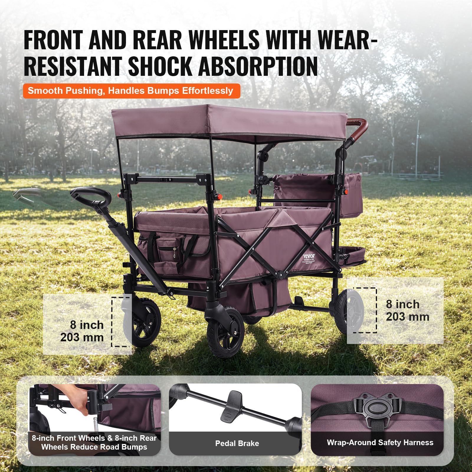 VEVOR Double Stroller for 2 Kids - Foldable 4-Wheel Wagon with Adjustable Handle, Safety Harness & Removable Canopy - Perfect for Camping, Beach Outings & Family Walks (Dark Purple)