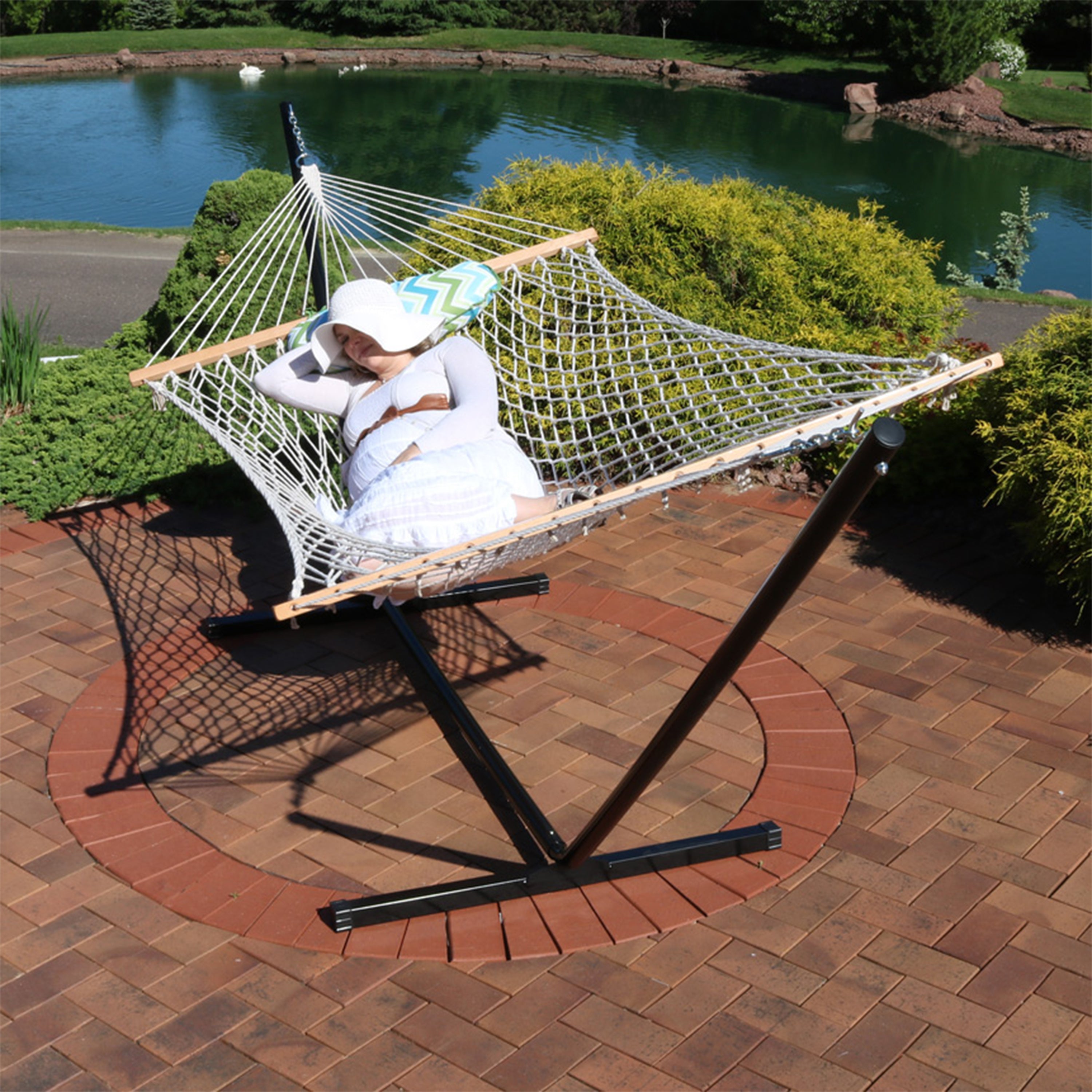 Premium Sunnydaze Rope Hammock with 12-Foot Steel Stand, Comfortable Pad & Pillow - Perfect for Backyard Relaxation, Beach Lounging & Outdoor Camping