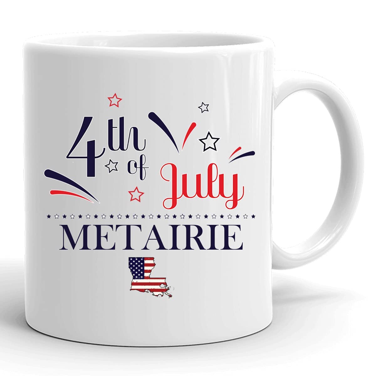 Personalized 11oz White Coffee Mug - Custom USA Flag Design with Any City & State - Happy 4th of July Independence Day Gift for Metairie Louisiana - Perfect for Home, Office & Holiday Celebrations