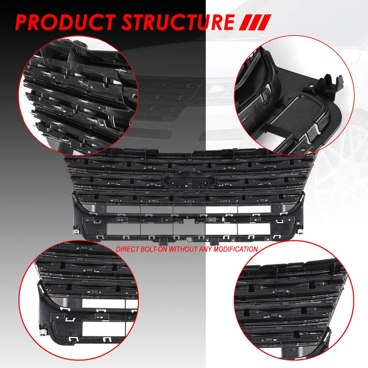 Auto Dynasty Glossy Black Front Hood Bumper Grille for 2016-2017 Ford Explorer - Factory Style Replacement with Durable ABS Plastic - Perfect for Off-Roading & Custom Car Upgrades