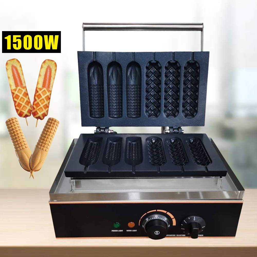 Commercial Electric Waffle Maker Machine - 6PCS Nonstick Plates for Crispy Waffles, Paninis & Hash Browns - 1500W Stainless Steel Hot Dog & Sausage Maker - 110V Household Waffle Cone Baker (Perfect for Restaurants, Cafes & Home Breakfast)