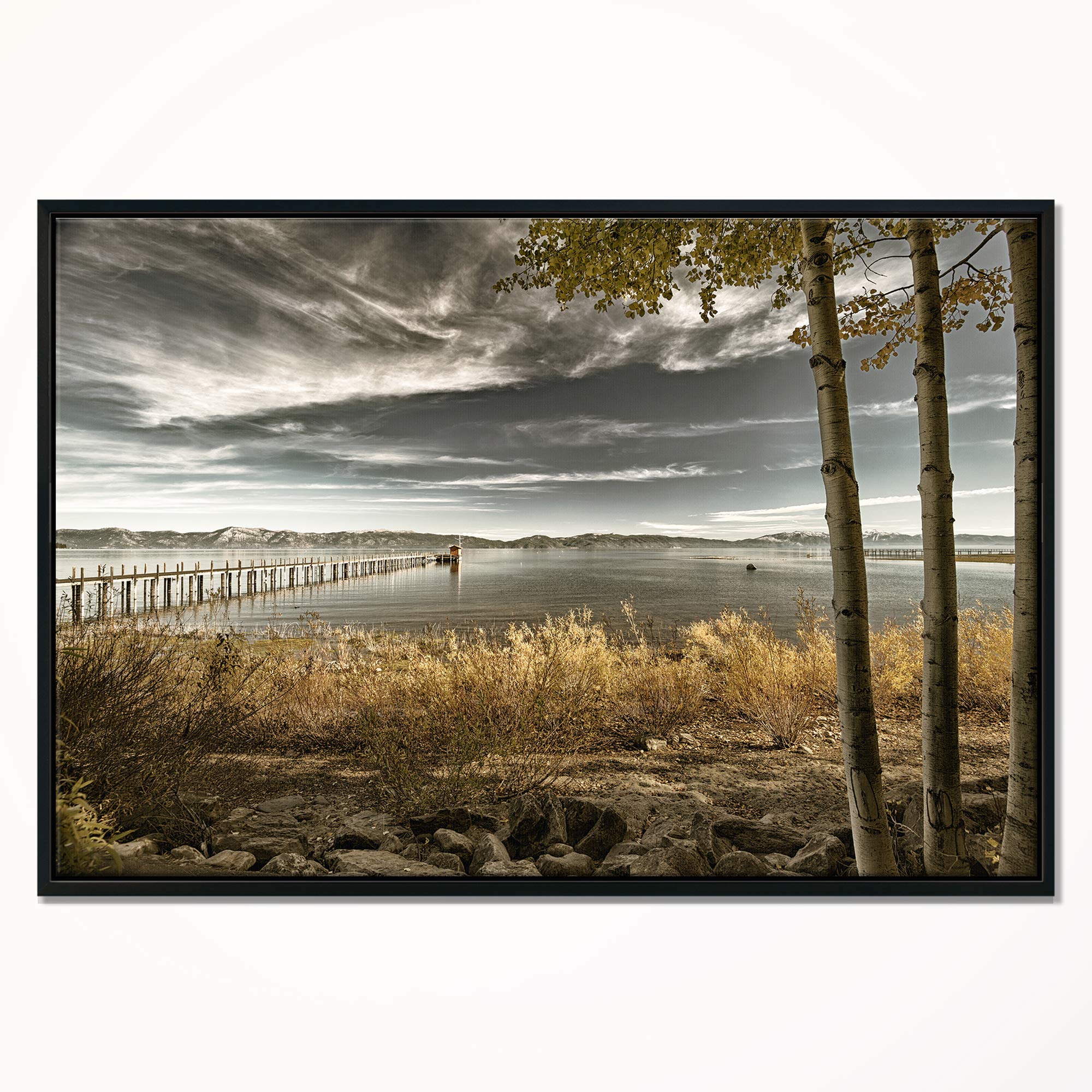 DesignArt Pier in Brown Lake - Framed Landscape Canvas Wall Art Print for Living Room, Bedroom & Office Decor