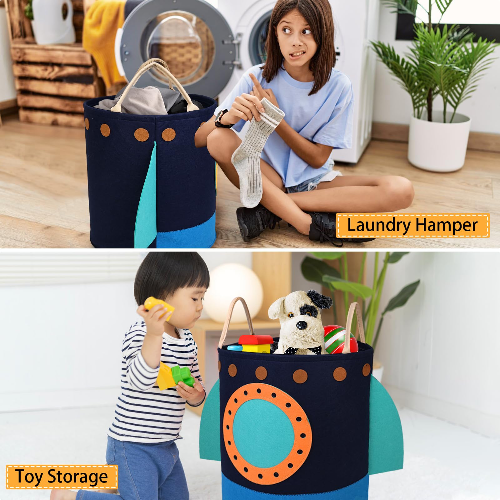 Large Kids Laundry Hamper Basket with Carry Handle - Rocket Design for Toy Storage, Baby Clothes & Bedroom Decor - Perfect for Boys & Girls Room Organization