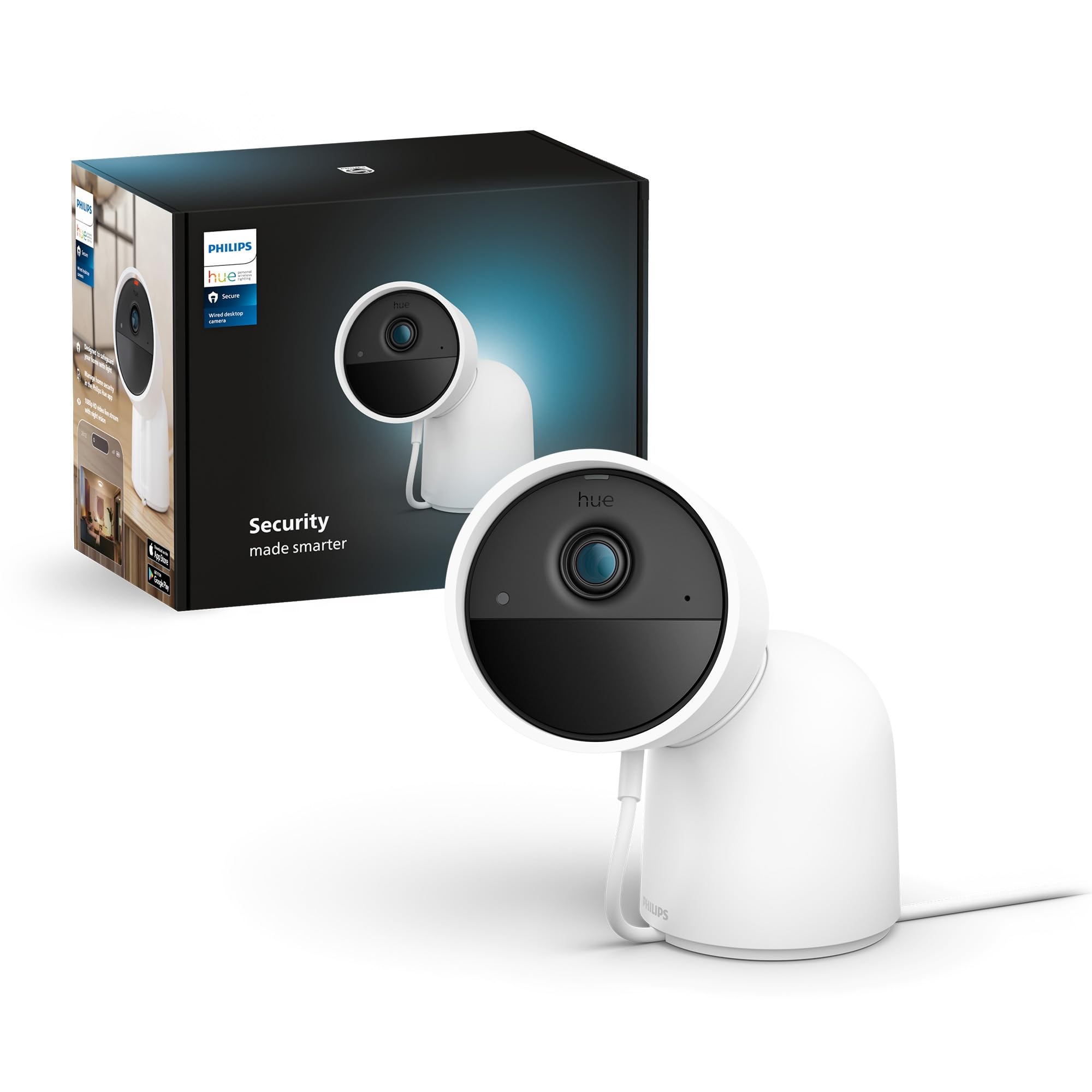 Philips Hue Secure Wired Camera with Desktop Stand - Indoor Home Security Camera, 1080p HD Video, Night Vision, Motion Detection | Perfect for Home Office, Baby Monitor & Pet Surveillance (White)