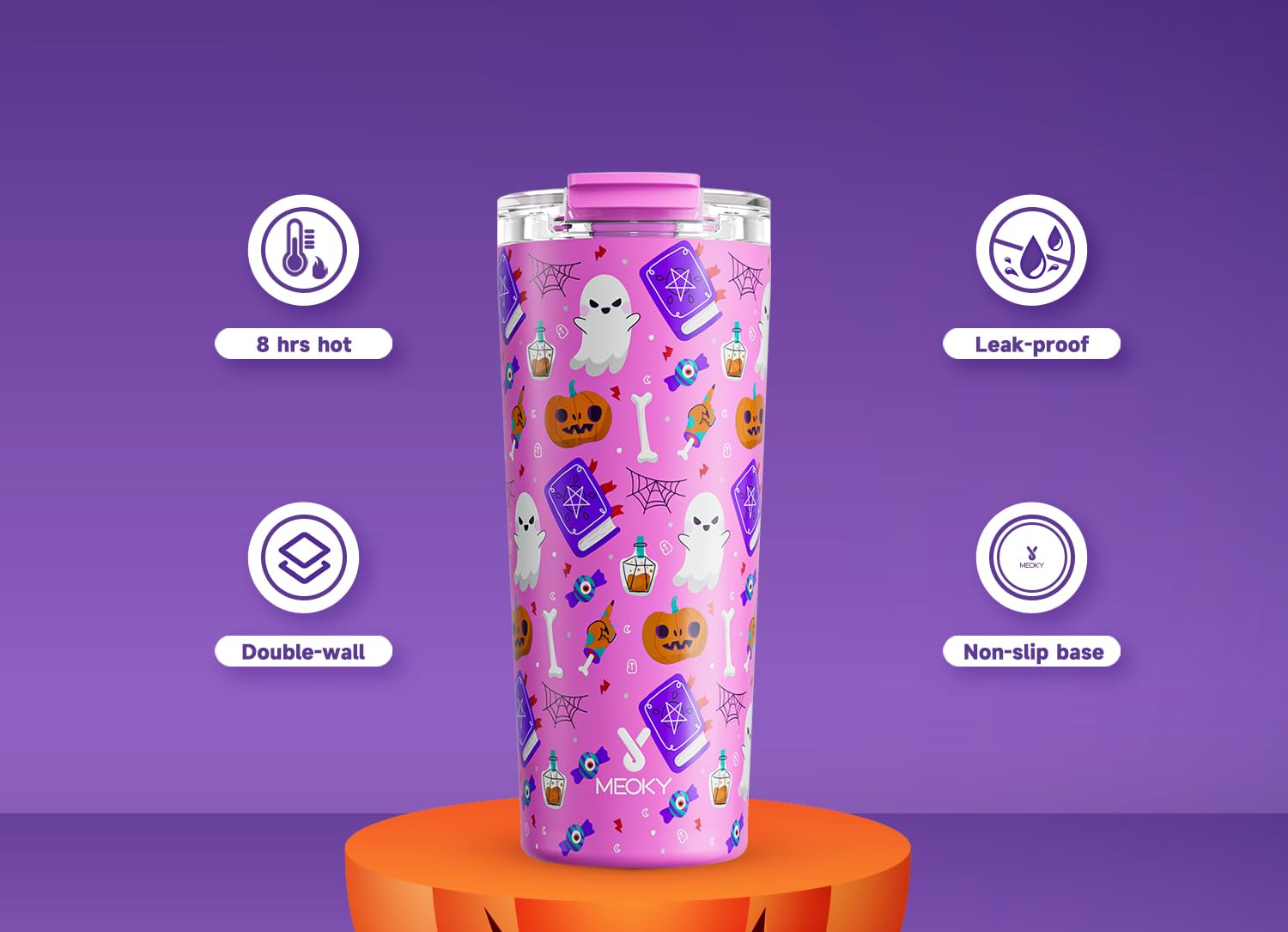 Meoky 24oz Stainless Steel Halloween Coffee Tumbler - Insulated Travel Mug with Leak-Proof Lid | Keeps Beverages Hot 8 Hours & Cold 24 Hours | Car Cup Holder Compatible (Spooky Pumpkin Design) | Perfect for Halloween Parties, Office Commutes & Road Trips