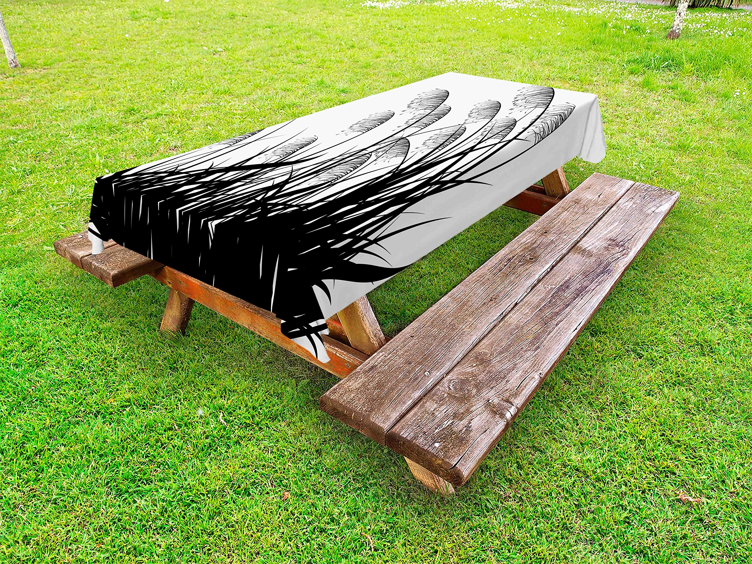 Ambesonne Black and White Outdoor Tablecloth - Silhouette of Bushes, Wild Plants, Wheat Field Design - Washable Picnic Table Cover 58