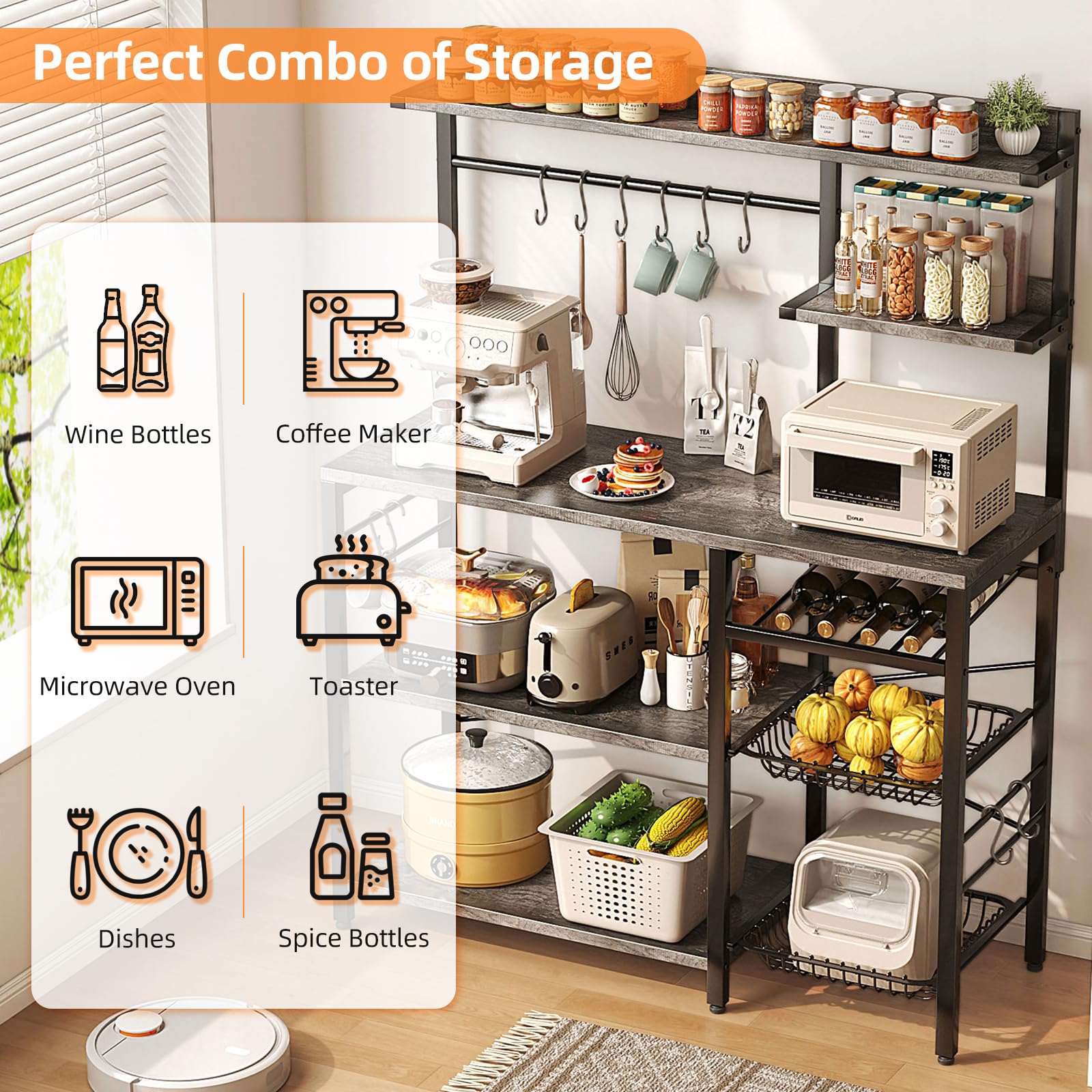Mexin 6-Tier Large Bakers Rack with Power Outlets - Microwave Stand with Storage, Coffee Bar Station with 10 S-Shaped Hooks & Wire Basket - Grey Oak - Perfect for Kitchen Organization, Pantry Storage & Coffee Station Setup