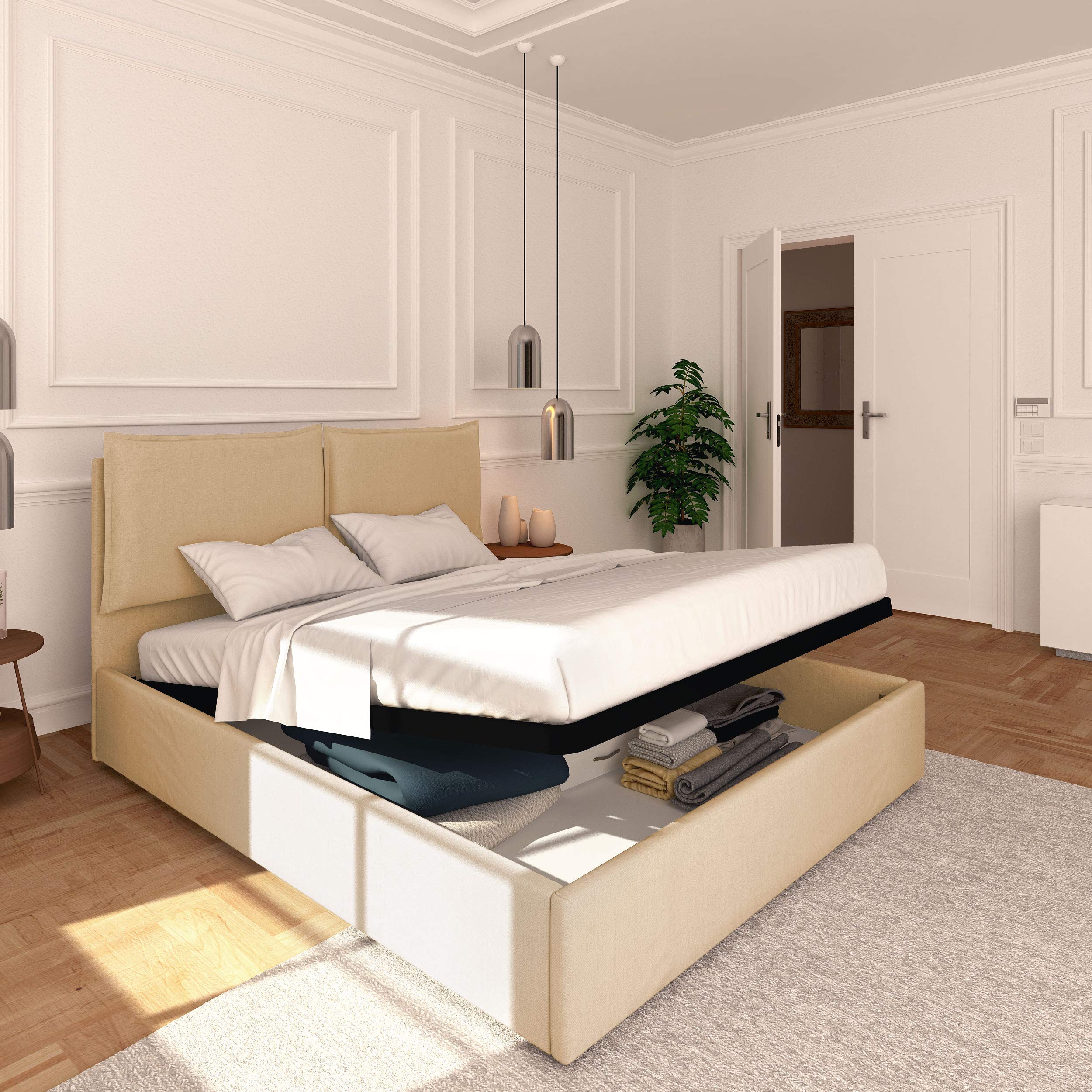 Baldiflex Licia Queen Size Storage Bed with Upholstered Headboard - Synthetic Leather, Slatted Base for 180x190cm Mattress, Beige - Perfect for Master Bedrooms & Guest Rooms