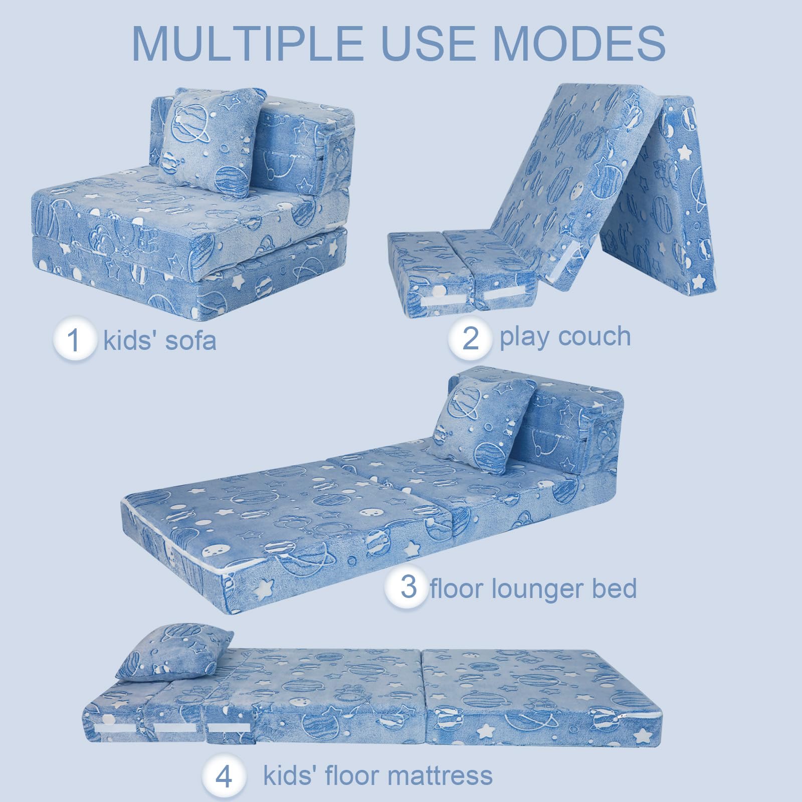 MeMoreCool Glow in the Dark Space-Themed Kids Sofa Bed - Tri-Fold Convertible Futon Chair & Floor Couch with Planets & Stars - Perfect for Playroom, Bedroom & Sleepovers