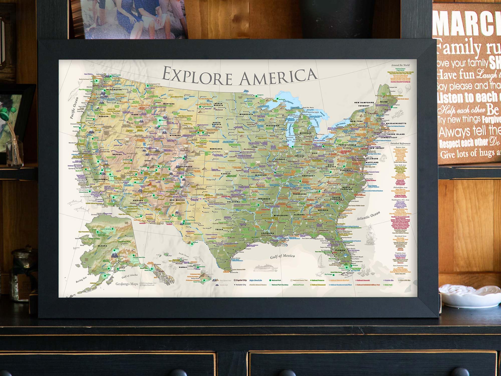 Custom National Parks Map with Pins - 63 US National Parks & 700+ Park Sites - Push Pin Travel Map for Wall Decor (Nautilus Edition) - Framed, Rolled Poster or Stretched Canvas - Includes 500 Pins - Perfect for Travel Enthusiasts & Home Office Decor