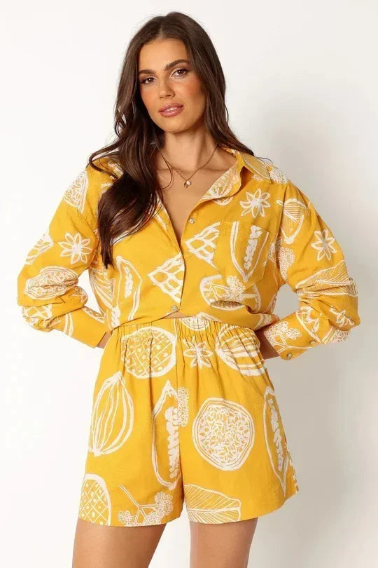 Women's Foridol Fruit Print Pocket Casual Shirt & Shorts Matching Set - Oversized Summer Beach Outfit in White | Perfect for Spring Vacations, Pool Parties & Tropical Getaways