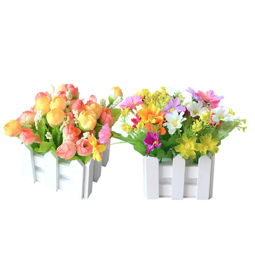 Artificial Flowers Faux Roses in White Picket Fence Pot - Pack of 2 Home Decor for Living Room, Wedding Centerpiece & Farmhouse Style Decorations