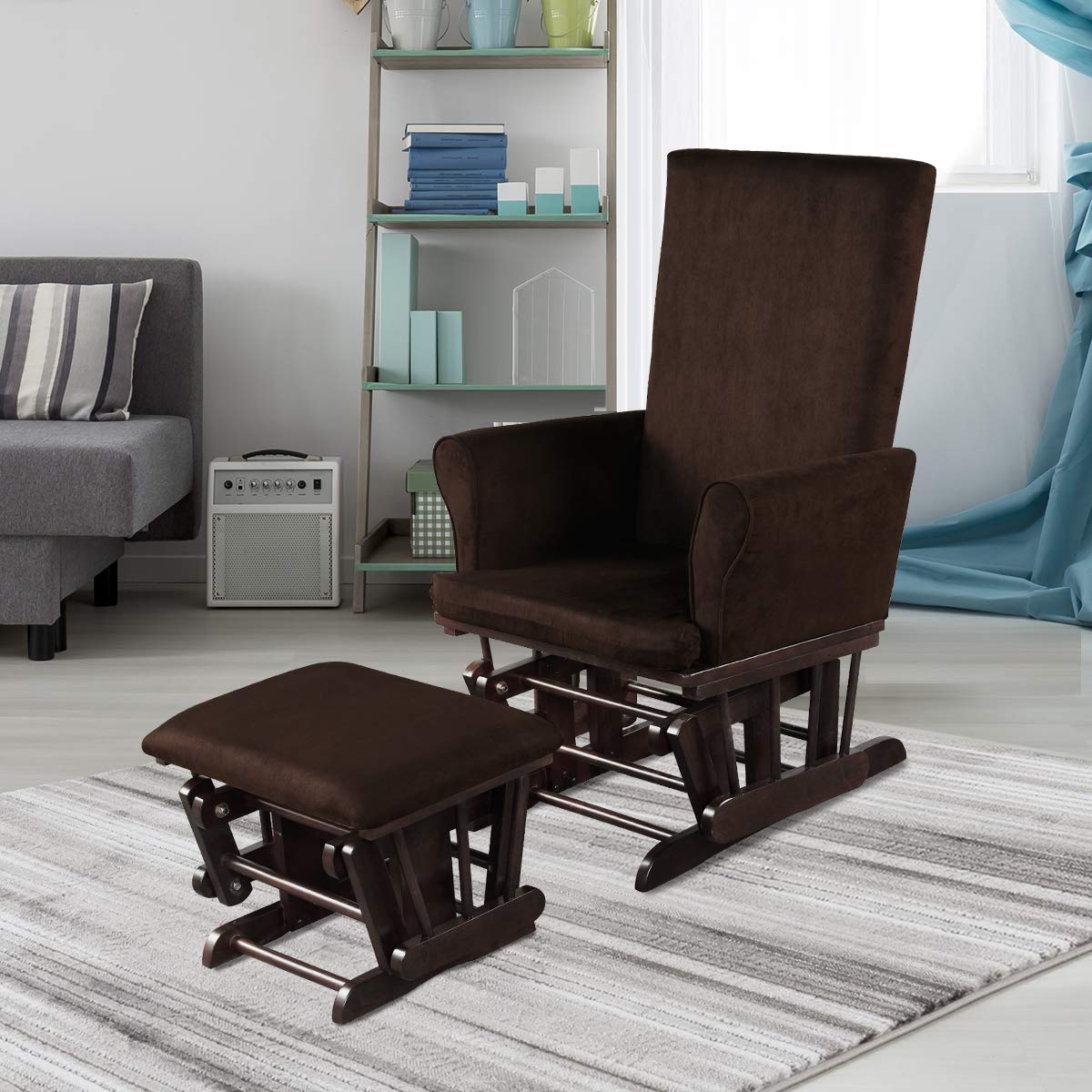 Costzon Baby Glider and Ottoman Set - Wooden Nursery Rocking Chair with Cushions for Nursing, Napping & Reading - Upholstered Hoop Glider with Padded Armrests & Matching Ottoman (Brown) - Perfect for Nursery Rooms, Bedrooms & Breastfeeding Spaces
