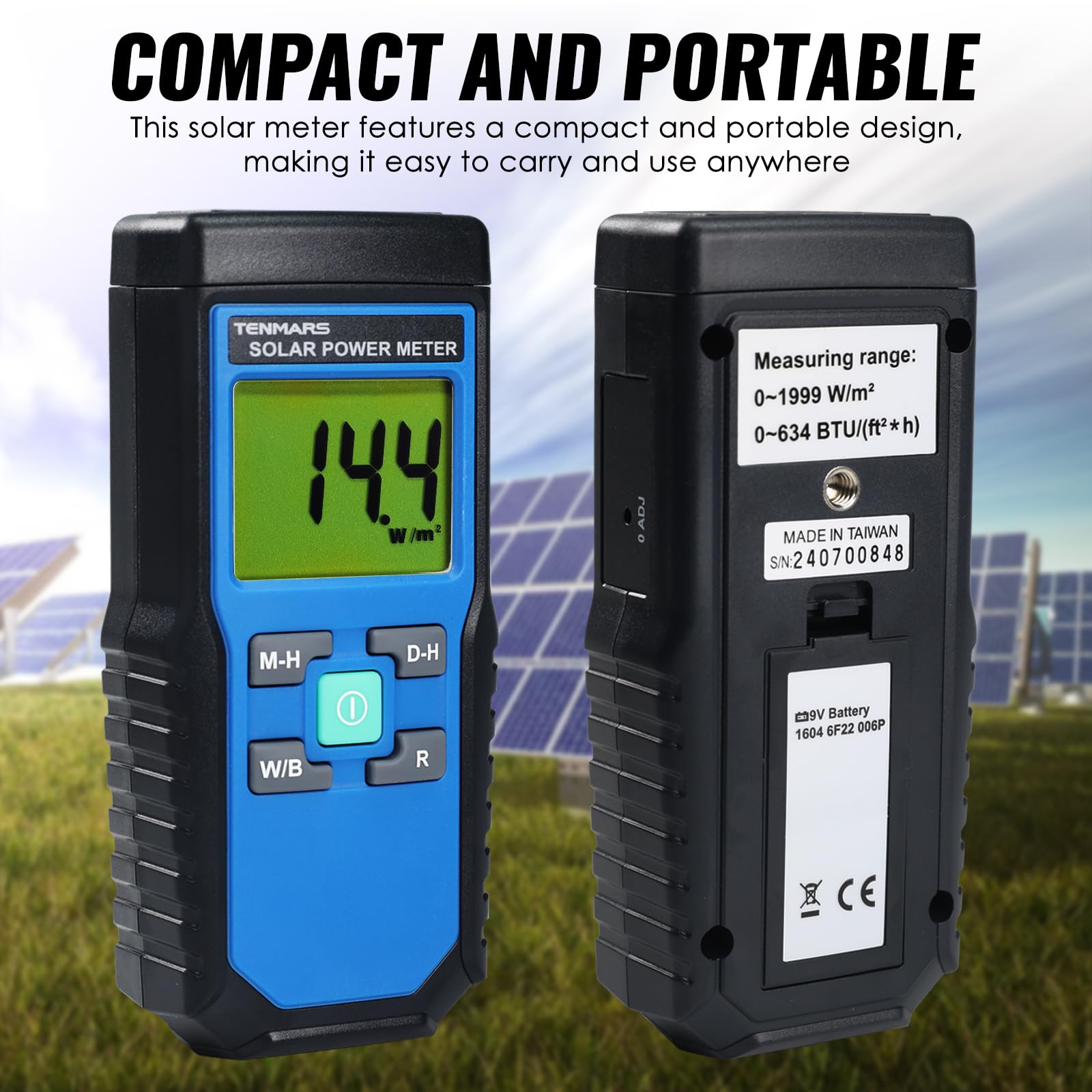 Solar Power Meter - Handheld Digital Solar Irradiance Meter with 2000W/m² & 634BTU/(ft²·h) Range, MAX/MIN/Data Hold - Perfect for Solar Panel Testing, Renewable Energy Research & Sunlight Measurement