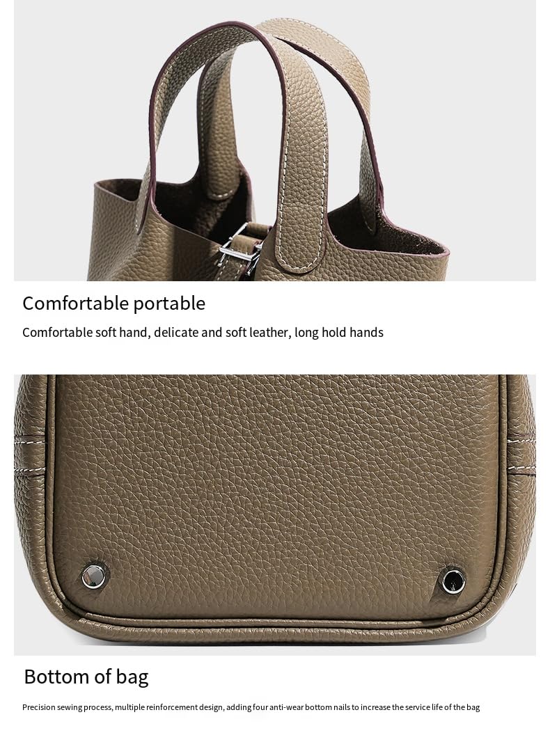 Women's Leather Handbag - Lychee Pattern Top Handle Tote with Lock Bucket Design, Stylish Hobo Bag for Work, Travel & Daily Use | Solid Color Shoulder Bag for Women