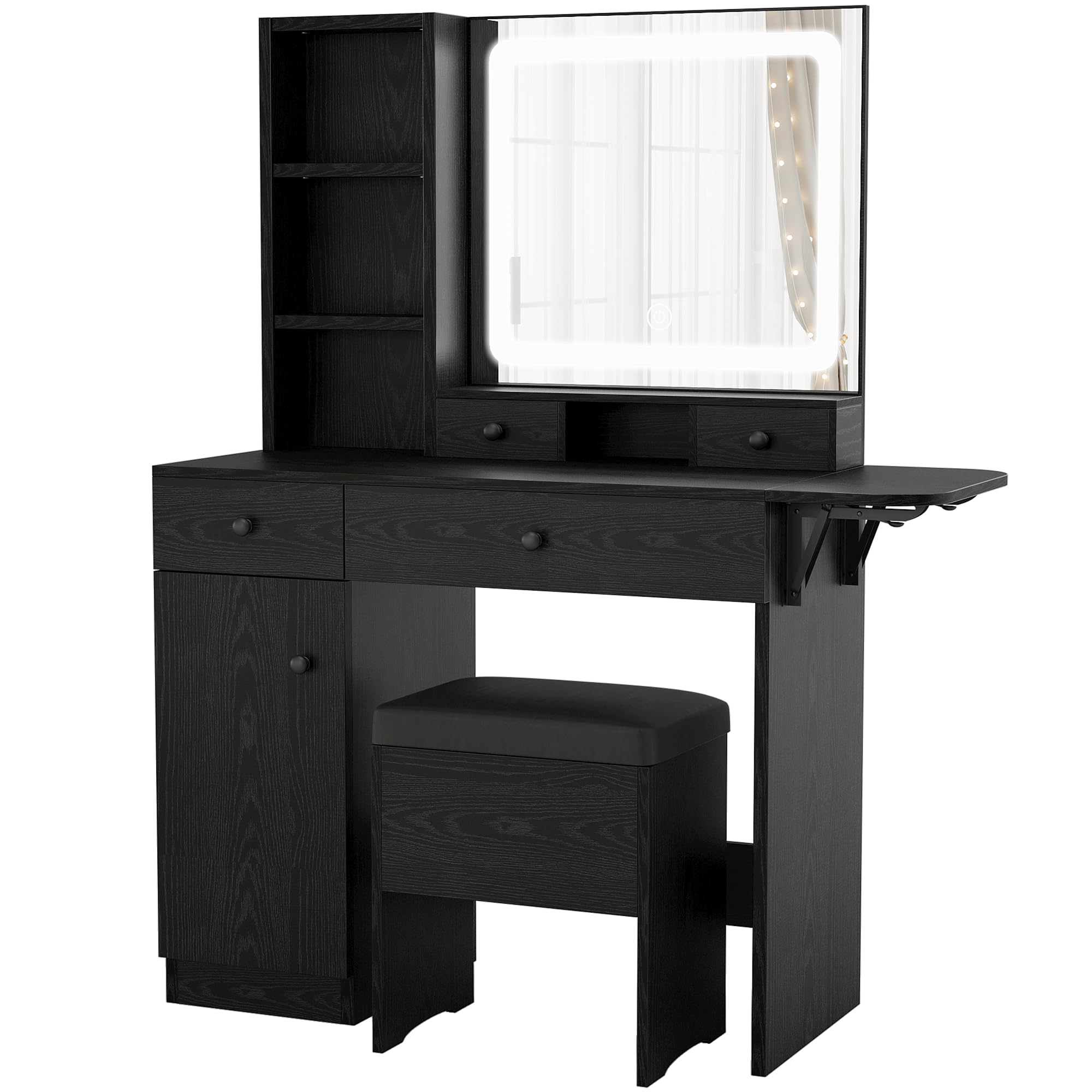 LIKIMIO Vanity Desk Set with LED Lighted Mirror, 3 Drawers & Power Outlet - Modern Black Makeup Dressing Table with Storage Stool - Perfect for Bedroom, Dorm Room & Beauty Salon Organization