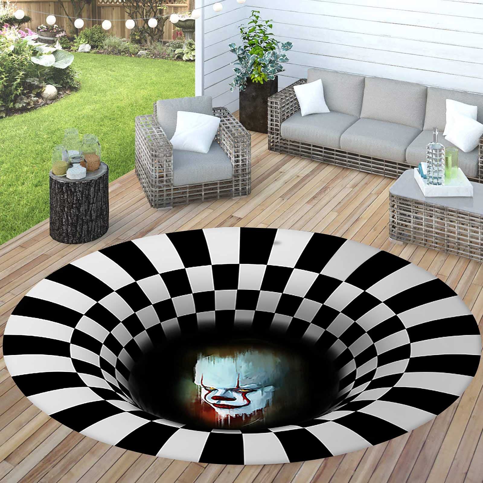 3D Vortex Geometric Pattern Round Rug - Black & White Plaid Illusion Area Rug - Modern Polyester Anti-Slip Washable Circle Carpet - 140cm Indoor Floor Mat for Living Room, Bedroom, Dorm & Office Decor