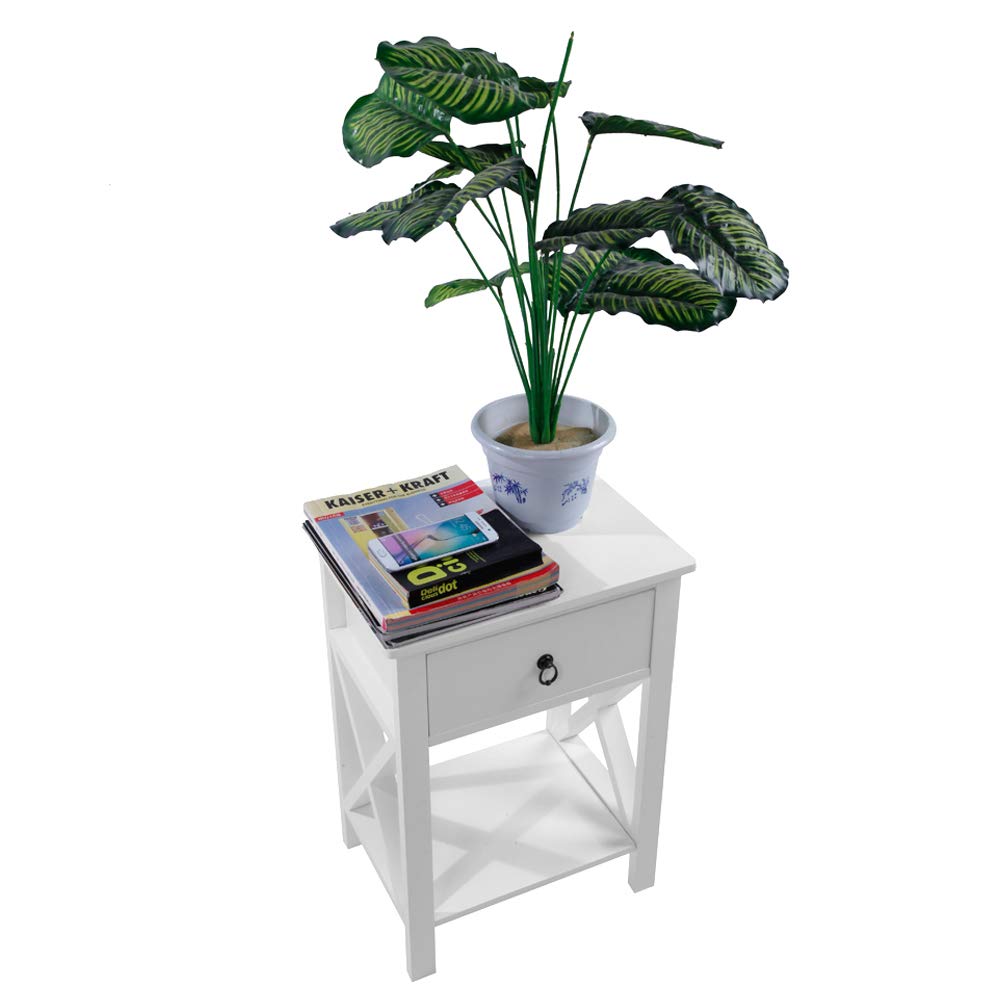 Modern White End Table with Drawer & 2-Tier Storage Shelf - Perfect for Bedroom Nightstand, Living Room Side Table & Small Space Organization