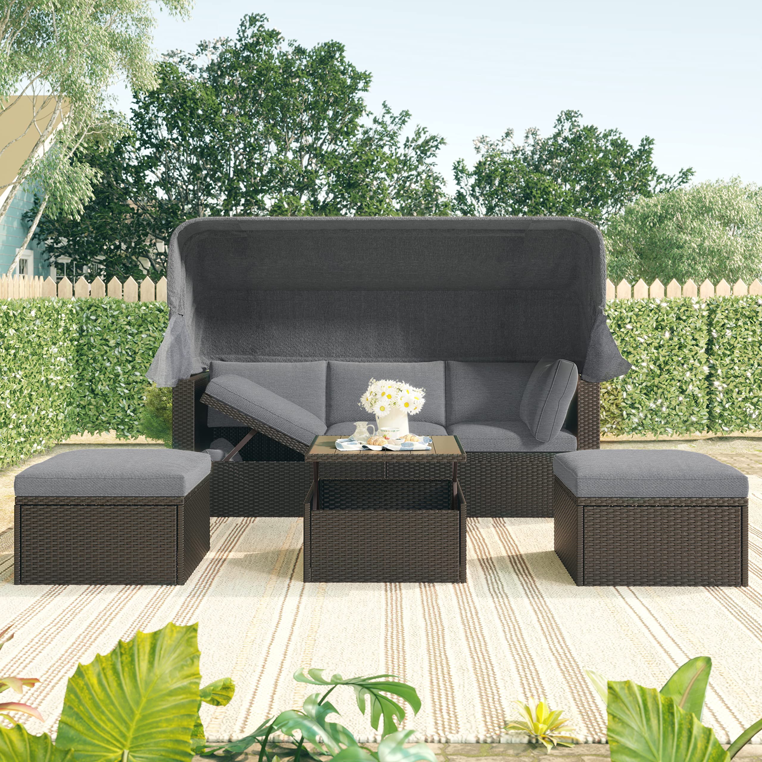 Quarte Outdoor Patio Rectangle Daybed with Retractable Canopy - All-Weather Wicker Sectional Sofa Set with Cushions & Lift Table - Perfect for Backyard, Porch, Poolside or Garden (Grey+O)