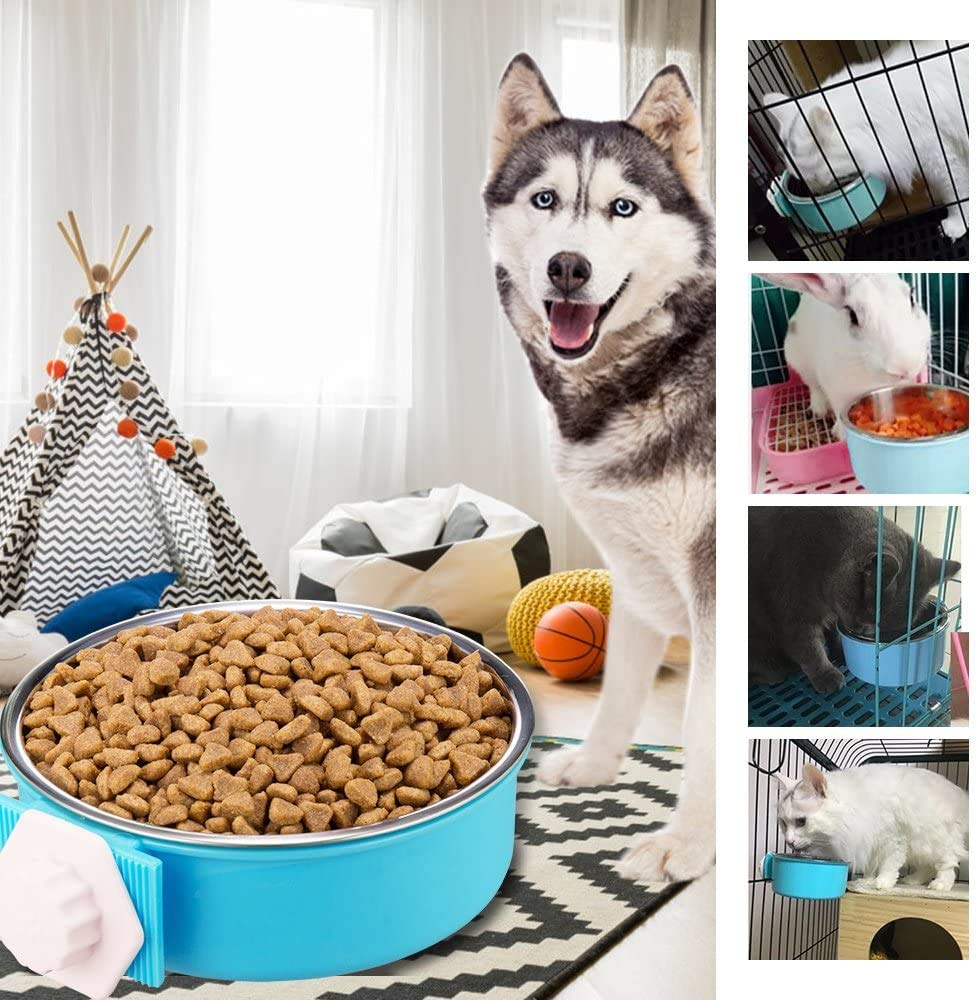 Stainless Steel Hanging Pet Bowl - Removable Dog & Cat Feeder for Cage, Coop - Small Blue Water & Food Dish for Puppies, Birds, Rats, Guinea Pigs - Perfect for Travel, Kennels & Small Animal Habitats