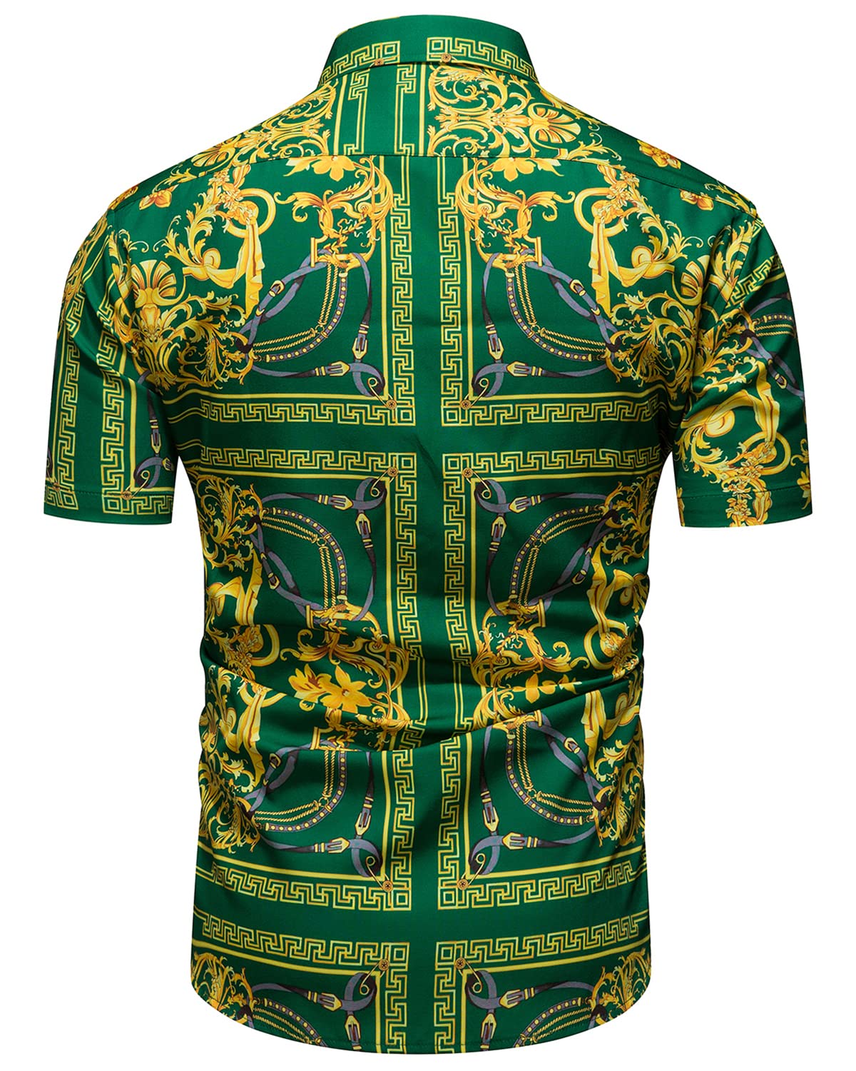 Luxury Men's Black & Gold Baroque Chain Print Short Sleeve Dress Shirt - Casual Button Down Design for Parties, Weddings & Night Out