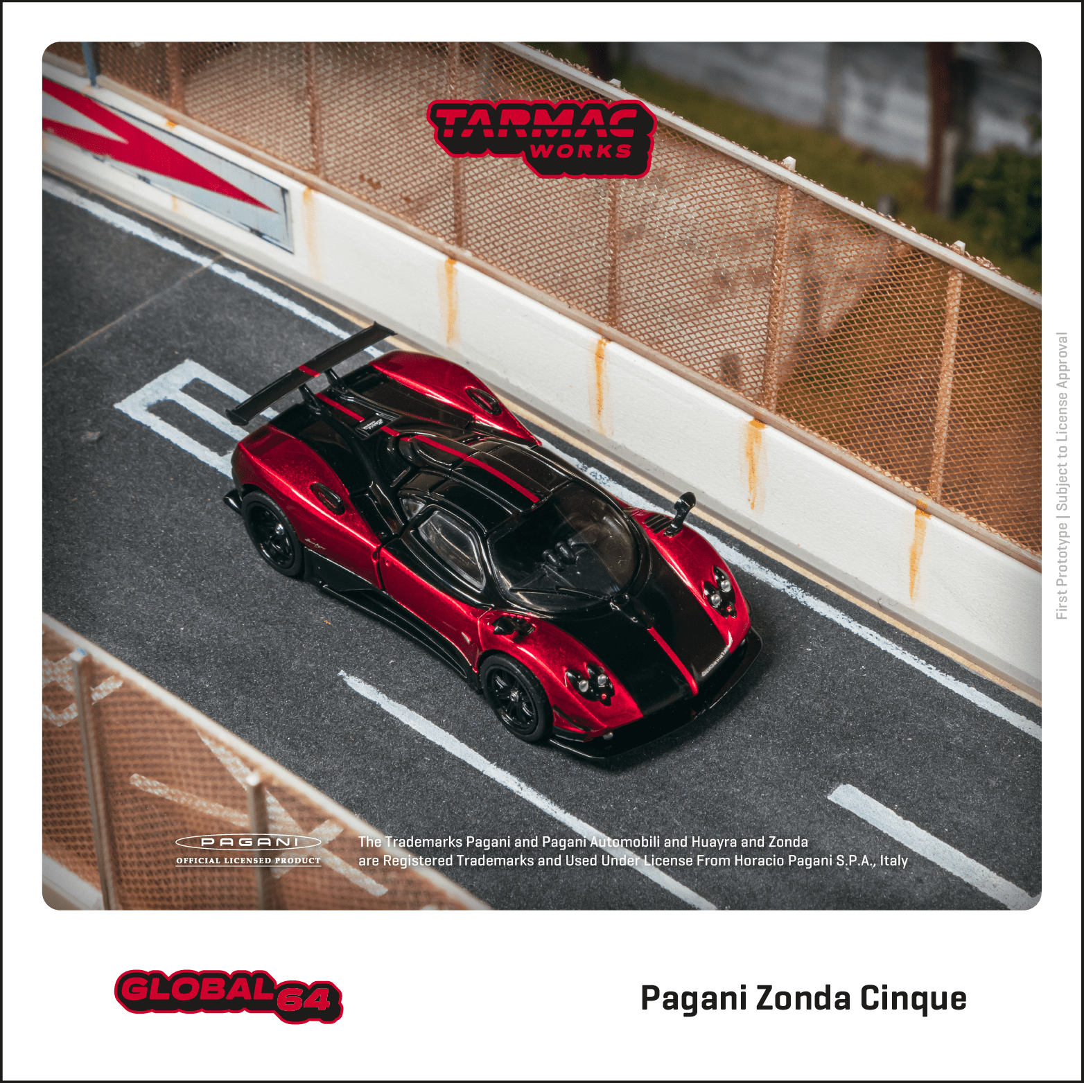 Tarmac Works 1:64 Scale Pagani Zonda Cinque Diecast Model Car - Red Dubai Edition | Collectible Miniature Sports Car for Display, Gifts & Racing Enthusiasts