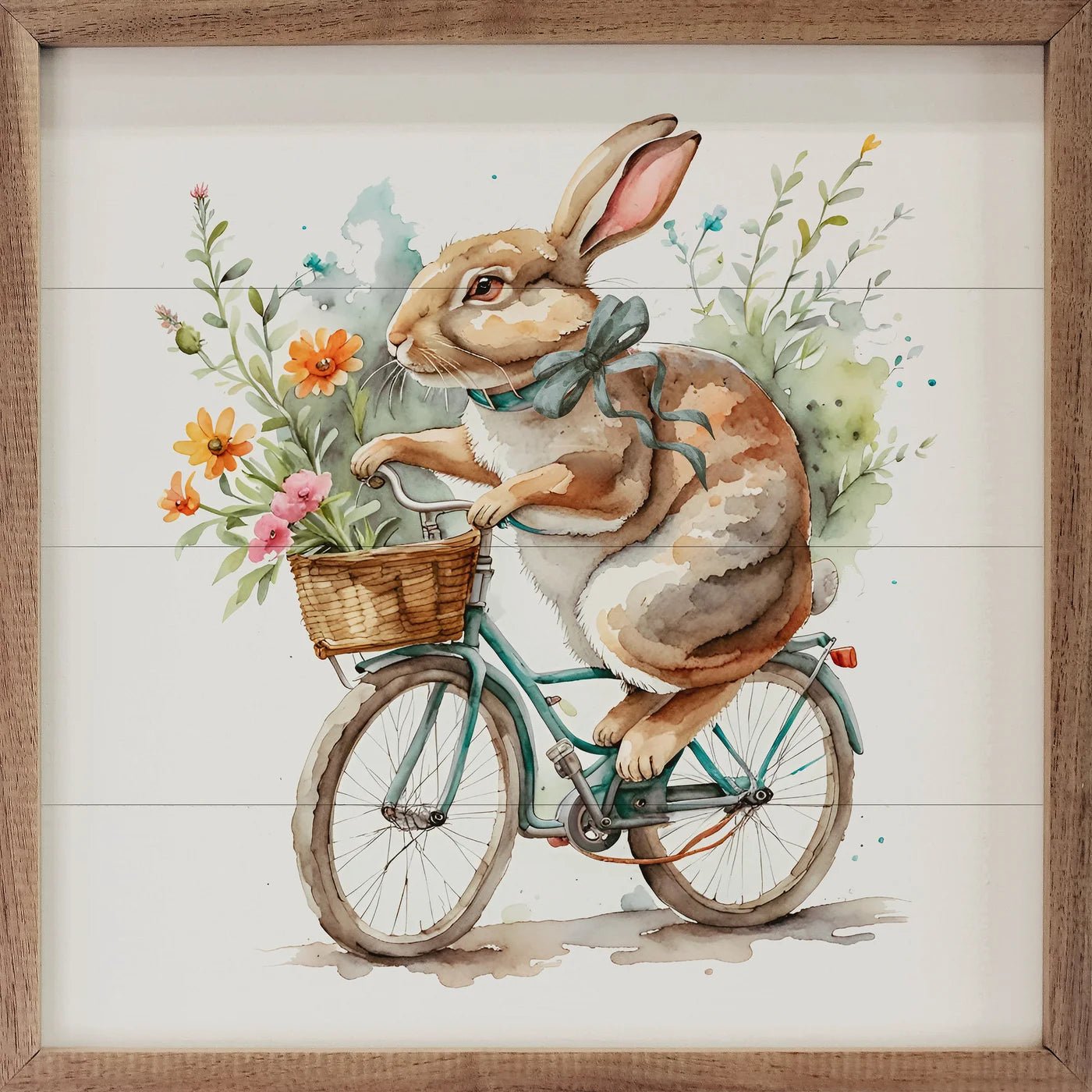 Bunny Flower Delivery White Wood Framed Print - Cute Rabbit Floral Wall Art for Nursery, Kids Room & Spring Home Decor