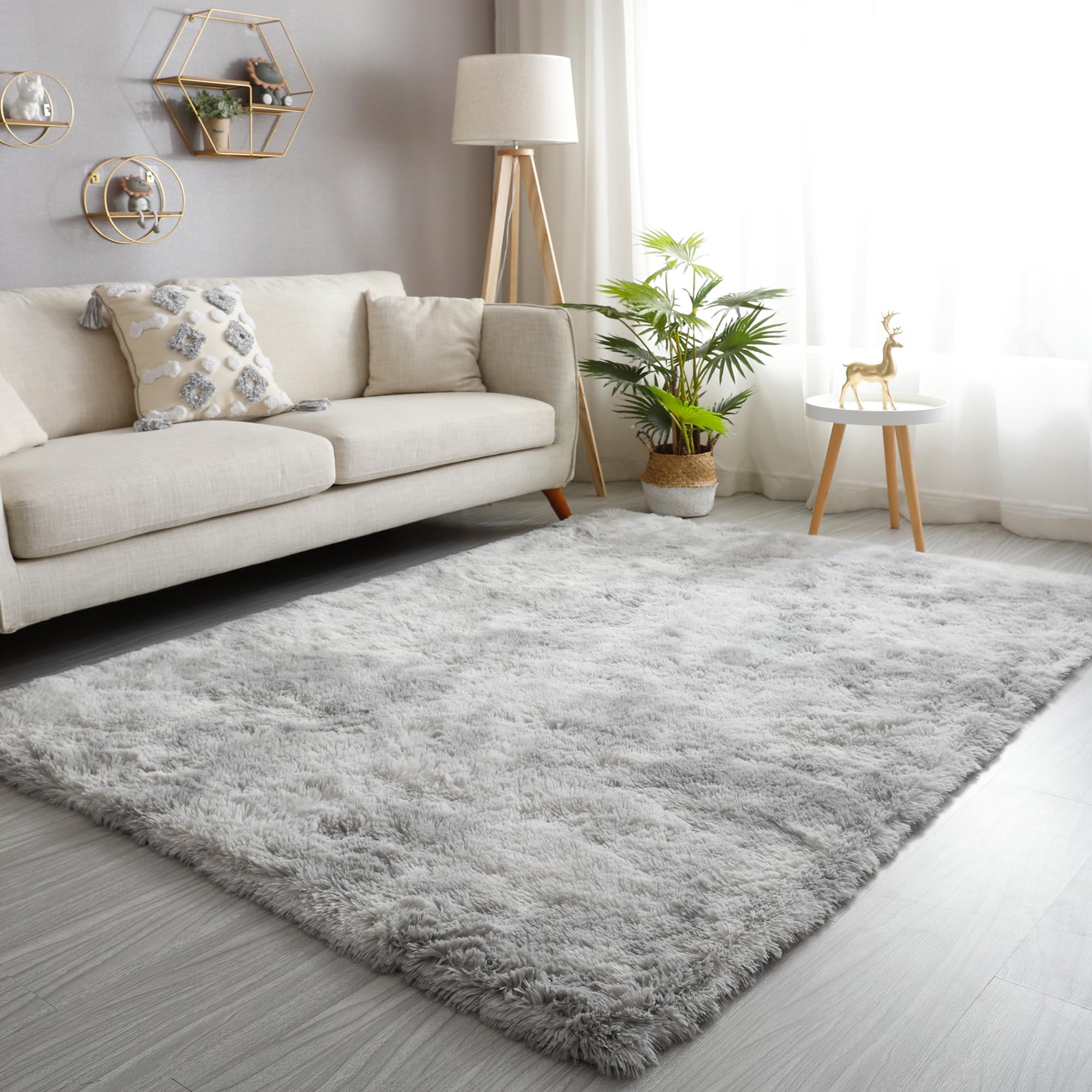 GKLUCKIN Shag Ultra Soft Non-Skid Area Rug 4'X6' - Fluffy Tie-Dyed Light Grey Plush Faux Fur Rug for Living Room, Bedroom, Nursery Decor - Cozy Kids Playroom Carpet - Perfect for Family Rooms, Dorm Decor & Pet-Friendly Spaces