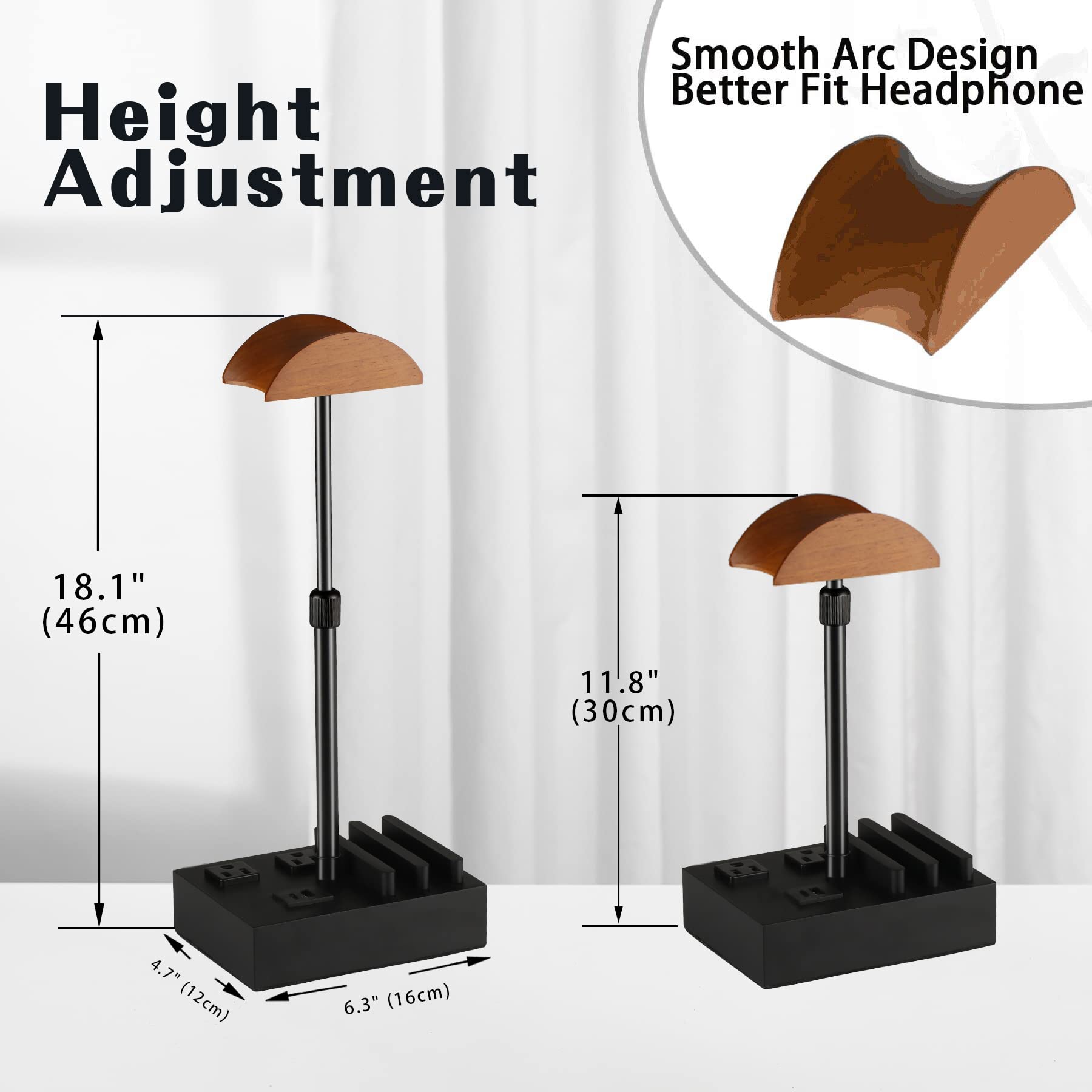 CASTLELIFE Adjustable Wood Headphone Stand with USB Ports & AC Outlets - Perfect for Gaming Setup & Desktop Charging Station
