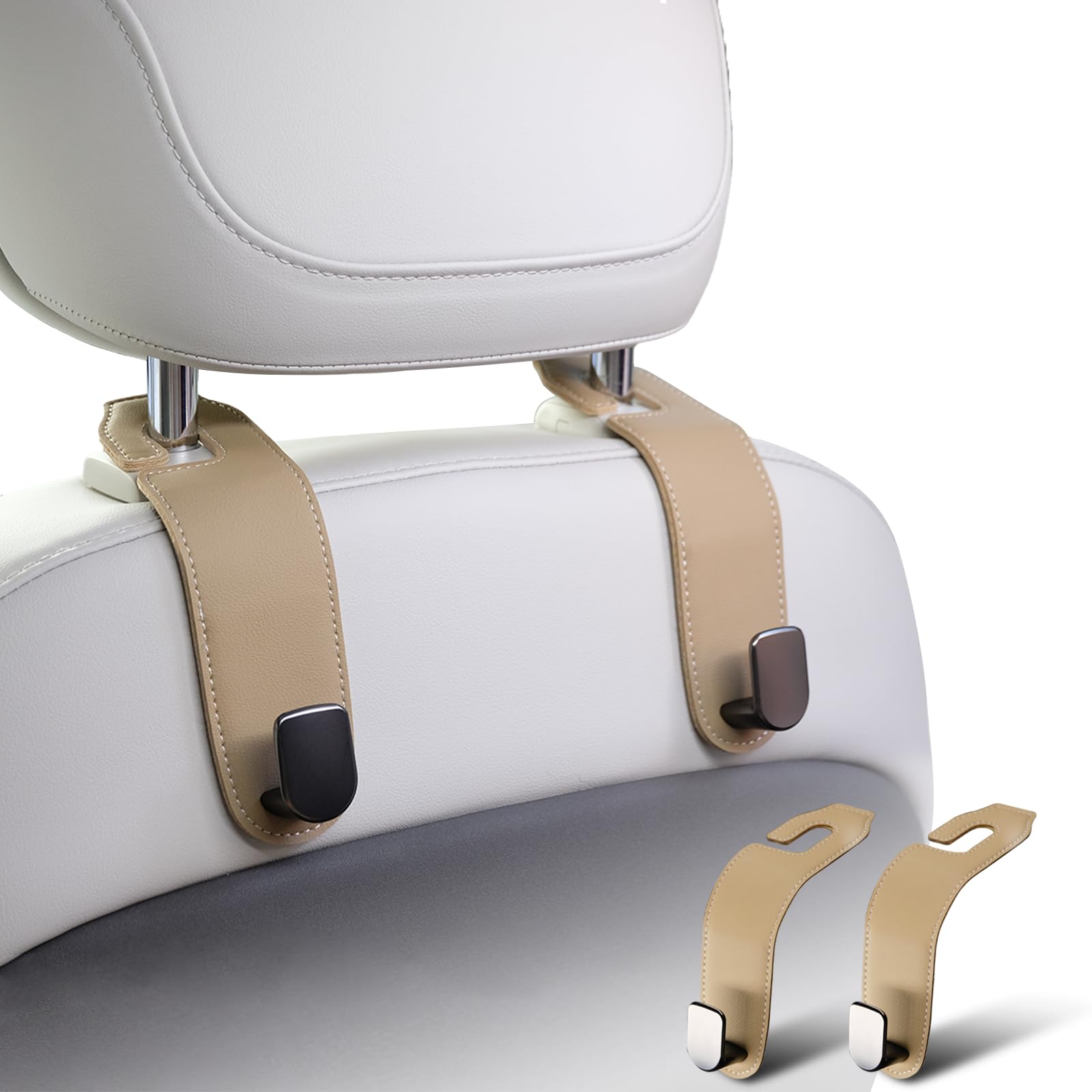2 Pack Leather Car Headrest Hooks - Premium Tan Car Seat Hangers for Purses, Bags & Organizing Accessories | Perfect for Road Trips, Commuting & Keeping Your Vehicle Tidy